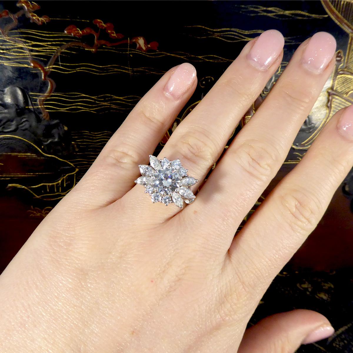 Women's 3.28ct Diamond Flower Burst Cluster Ring in 18ct White Gold For Sale