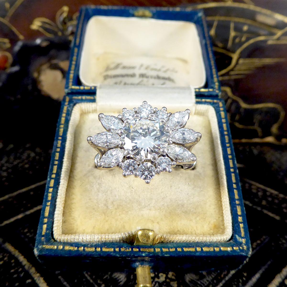 3.28ct Diamond Flower Burst Cluster Ring in 18ct White Gold For Sale 1