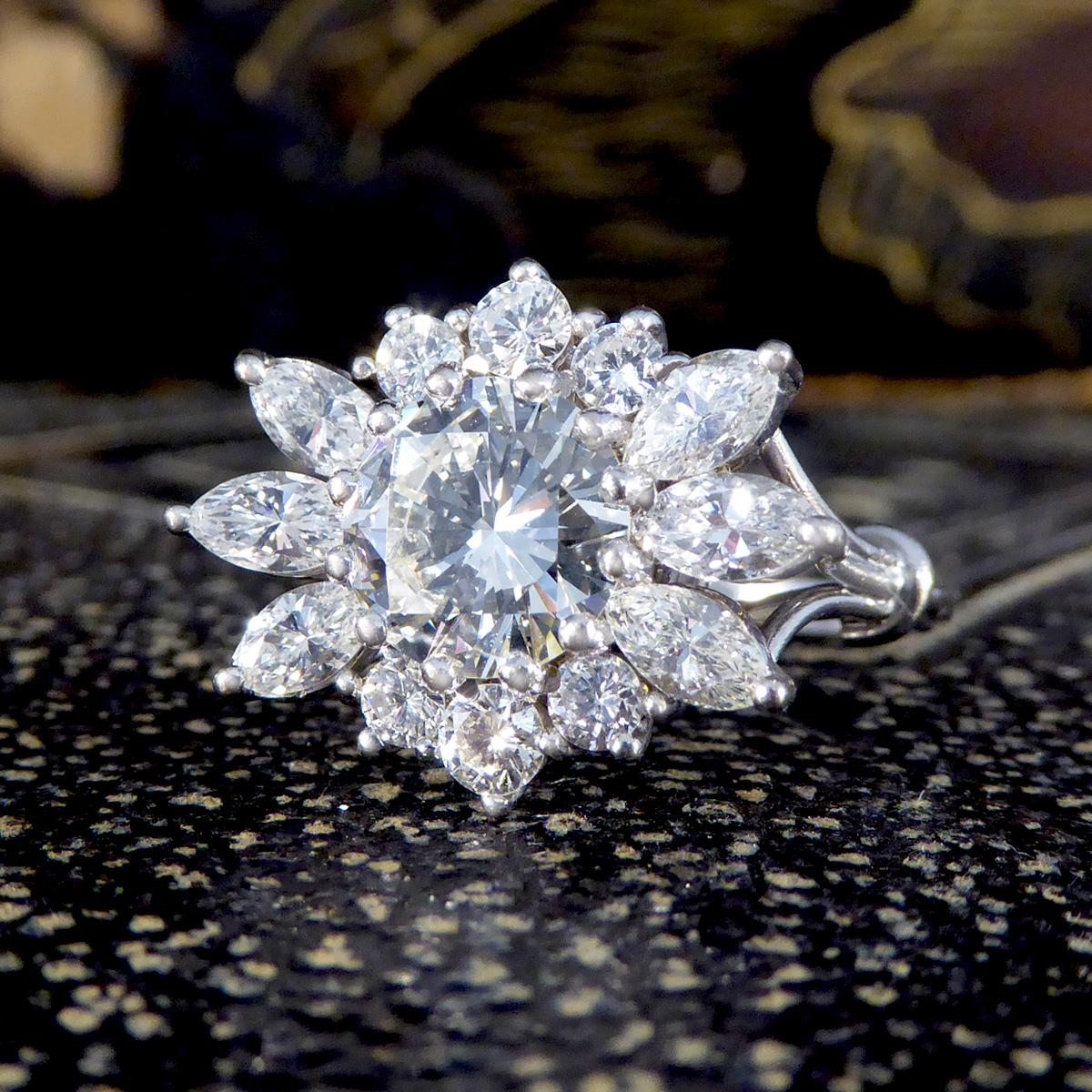 3.28ct Diamond Flower Burst Cluster Ring in 18ct White Gold For Sale 2