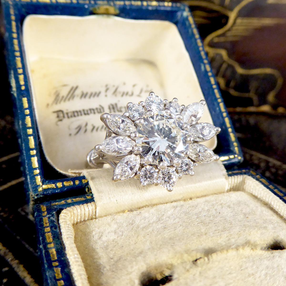 3.28ct Diamond Flower Burst Cluster Ring in 18ct White Gold For Sale 3