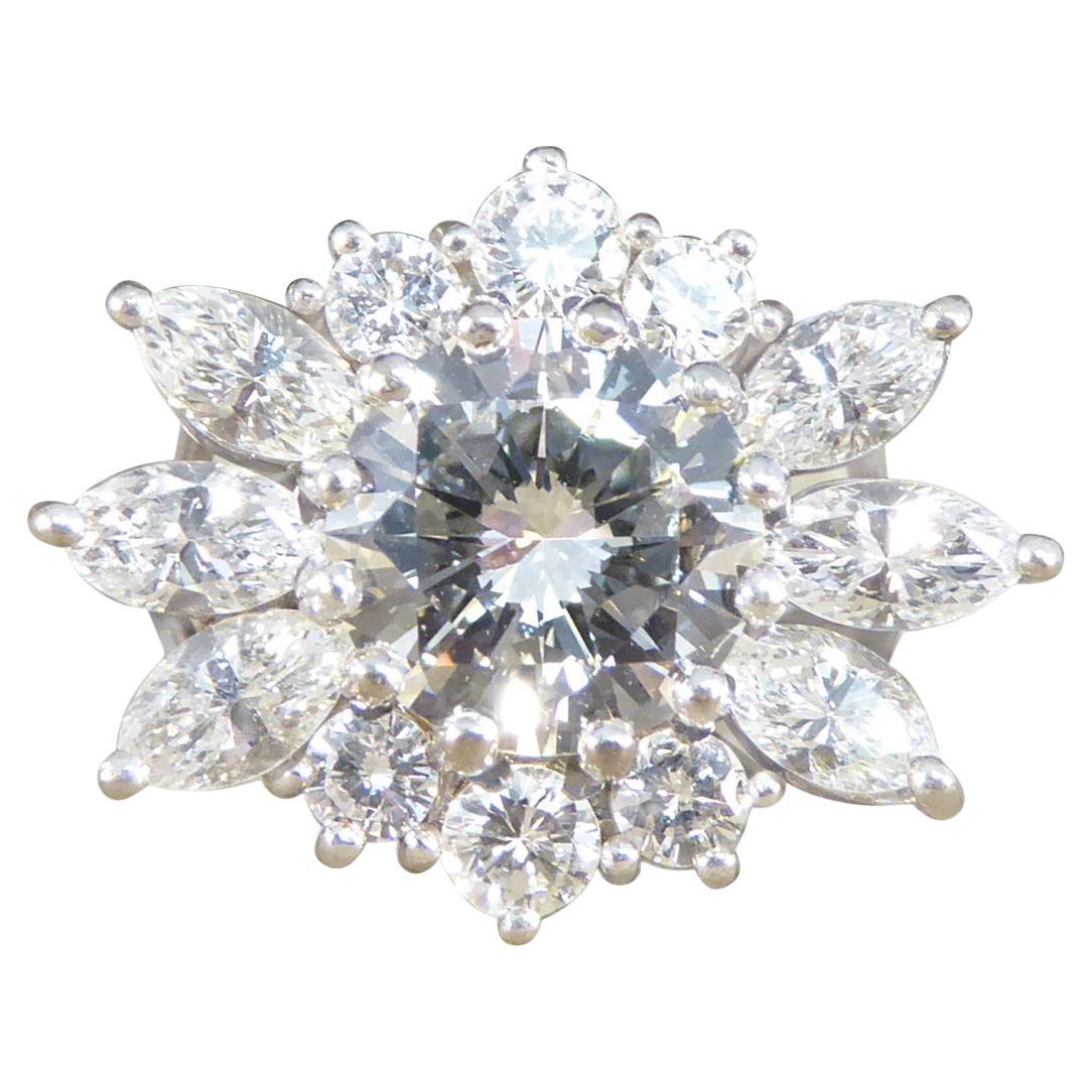 3.28ct Diamond Flower Burst Cluster Ring in 18ct White Gold For Sale