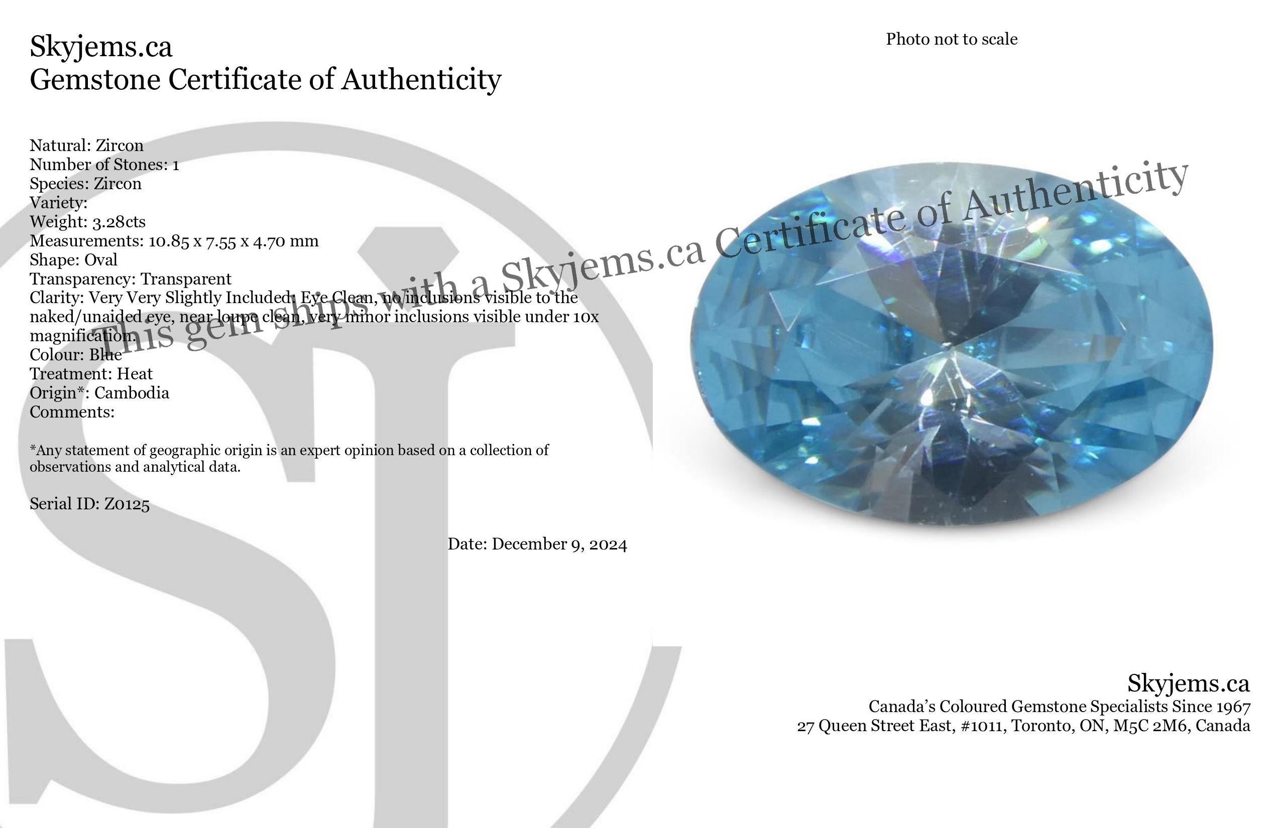 Beschreibung:

Edelstein-Typ: Zirkon 
Anzahl von Steinen: 1
Gewicht: 3,28 Karat
Abmessungen: 10,85 x 7,55 x 4,70 mm
Die Form: Oval
Schnittform Krone: Brillant
Schneide-Stil-Pavillon: Brilliante 
Transparenz: Durchsichtig
Klarheit: Sehr sehr