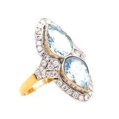 3.29 Carat Aquamarine and 0.5 Carat Diamond 18 K Gold Marquise Ring, circa 1950