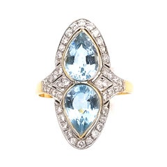 Retro 3.29 Carat Aquamarine and 0.5 Carat Diamond 18 K Gold Marquise Ring, circa 1950