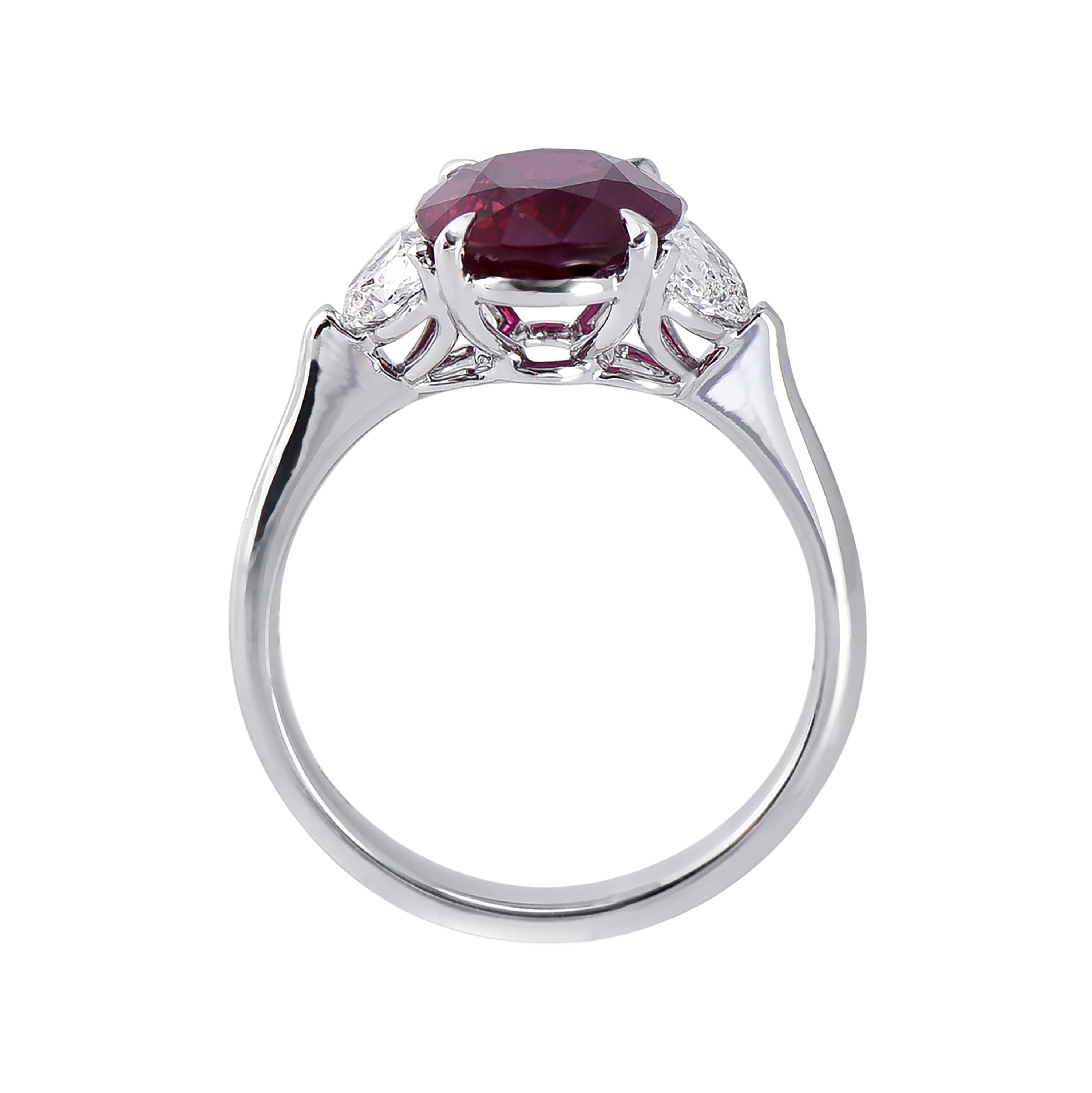 Oval Cut Laviere 3.29 Carat Burmese Ruby and Diamond Ring For Sale