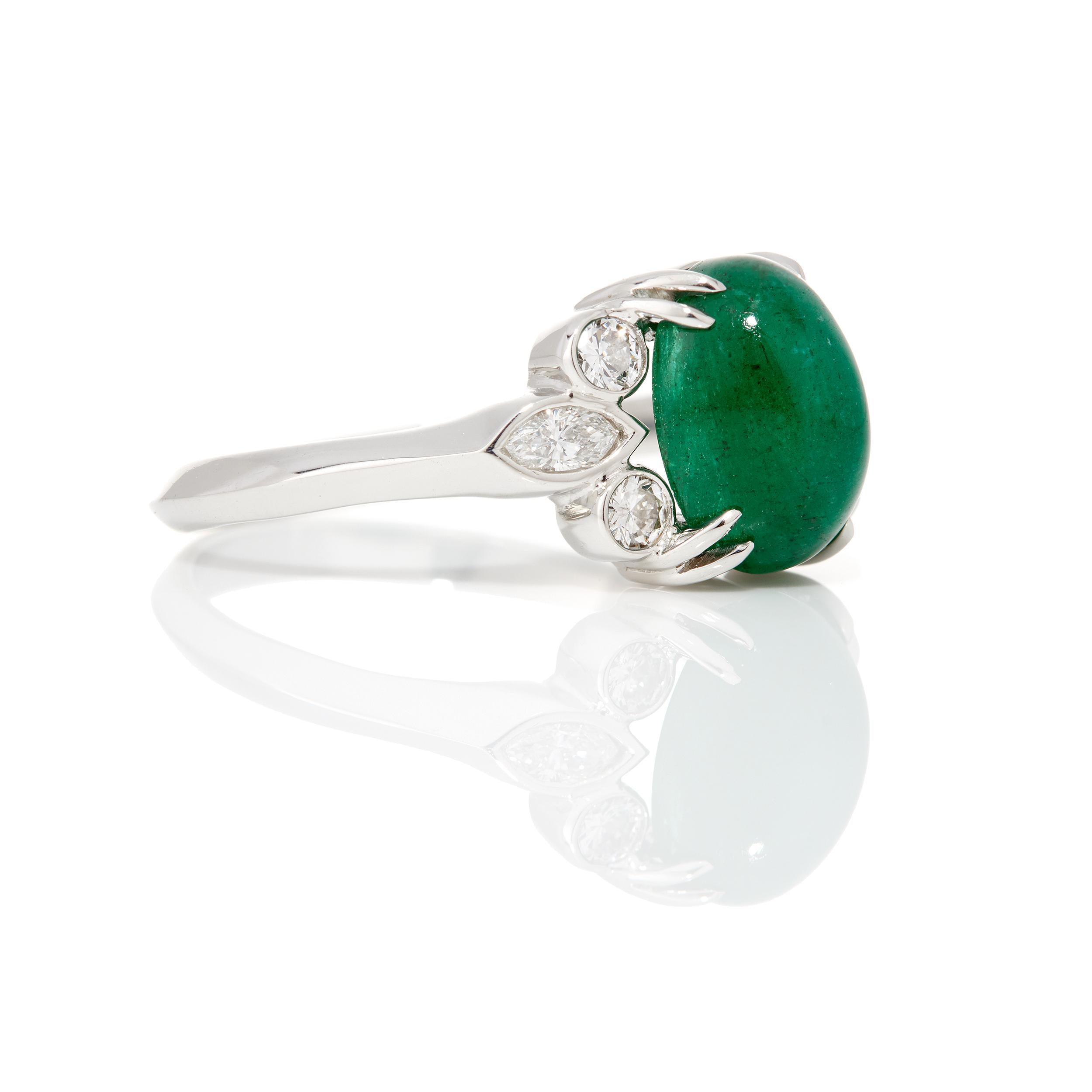 This set of smooth Cabochon Zambian Emeralds accented by diamonds is classic. Suitable for any occasion!

Ring size 6.5
*Can be sized upon request*

Oval-shaped Emerald Cabochon 2.69 Carats
Diamonds 0.6 Carats
Set in Platinum 950
Total Gem Weight