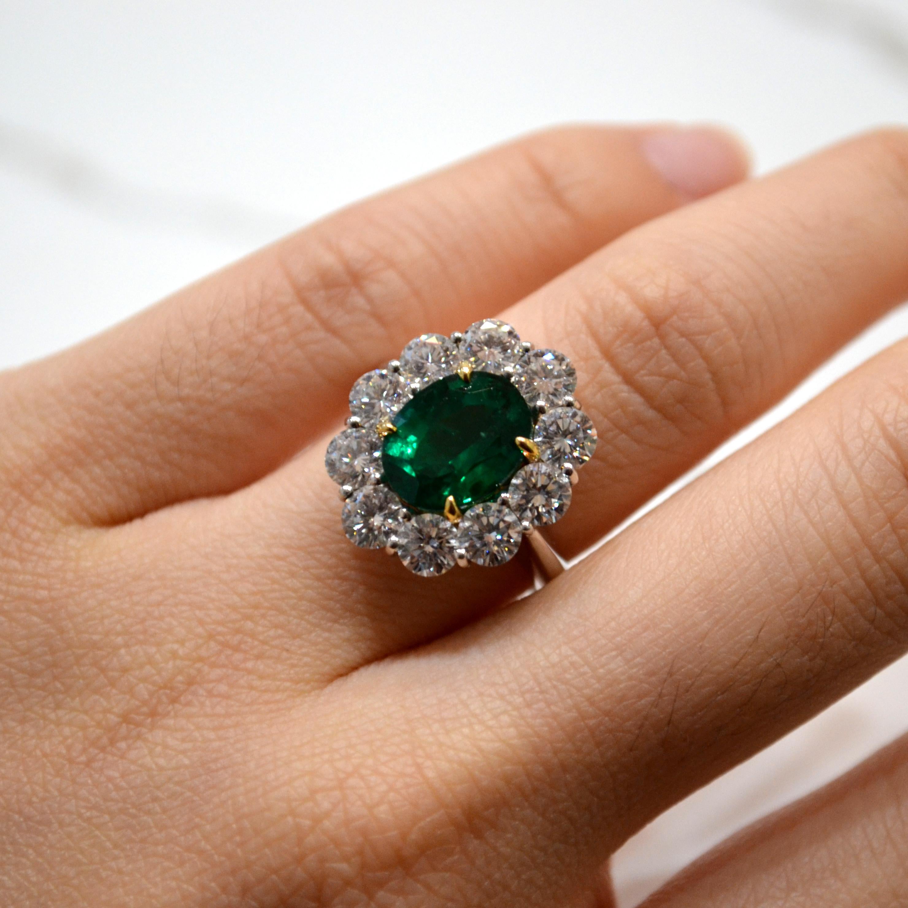 Oval Cut 3.29 Carat Emerald Diamond Halo Princess Diana Engagement Ring For Sale