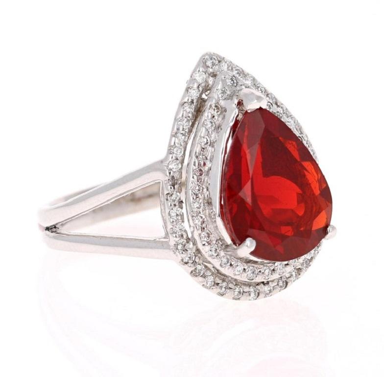 Contemporary 3.29 Carat Fire Opal Diamond White Gold Cocktail Ring For Sale