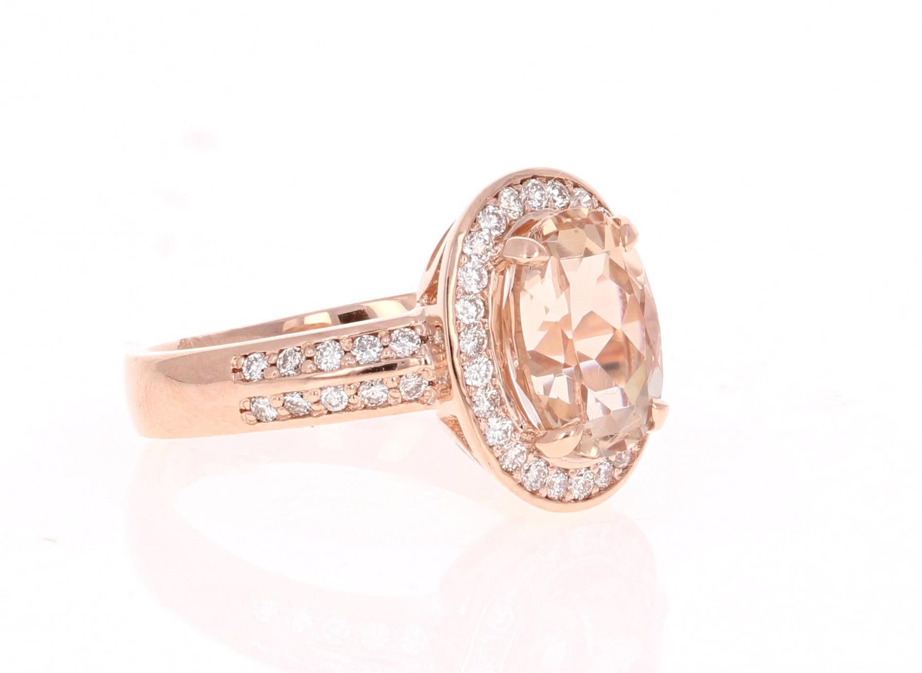 Contemporary 3.29 Carat Morganite Diamond Double Halo 14 Karat Rose Gold Ring