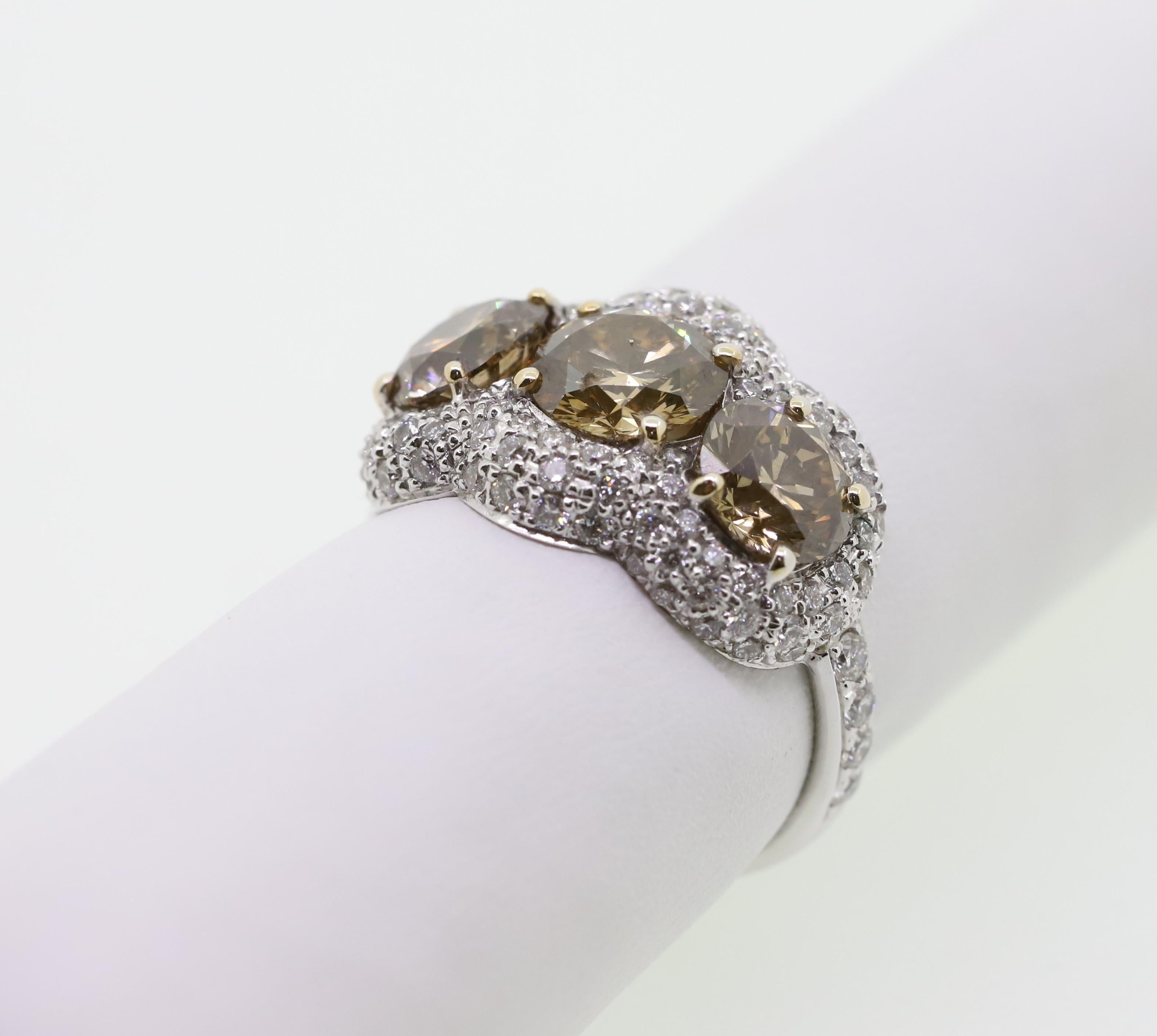 Contemporary 3.29 Carat Natural Brown Diamonds with White Diamond Pavè Three-Stone Ring For Sale