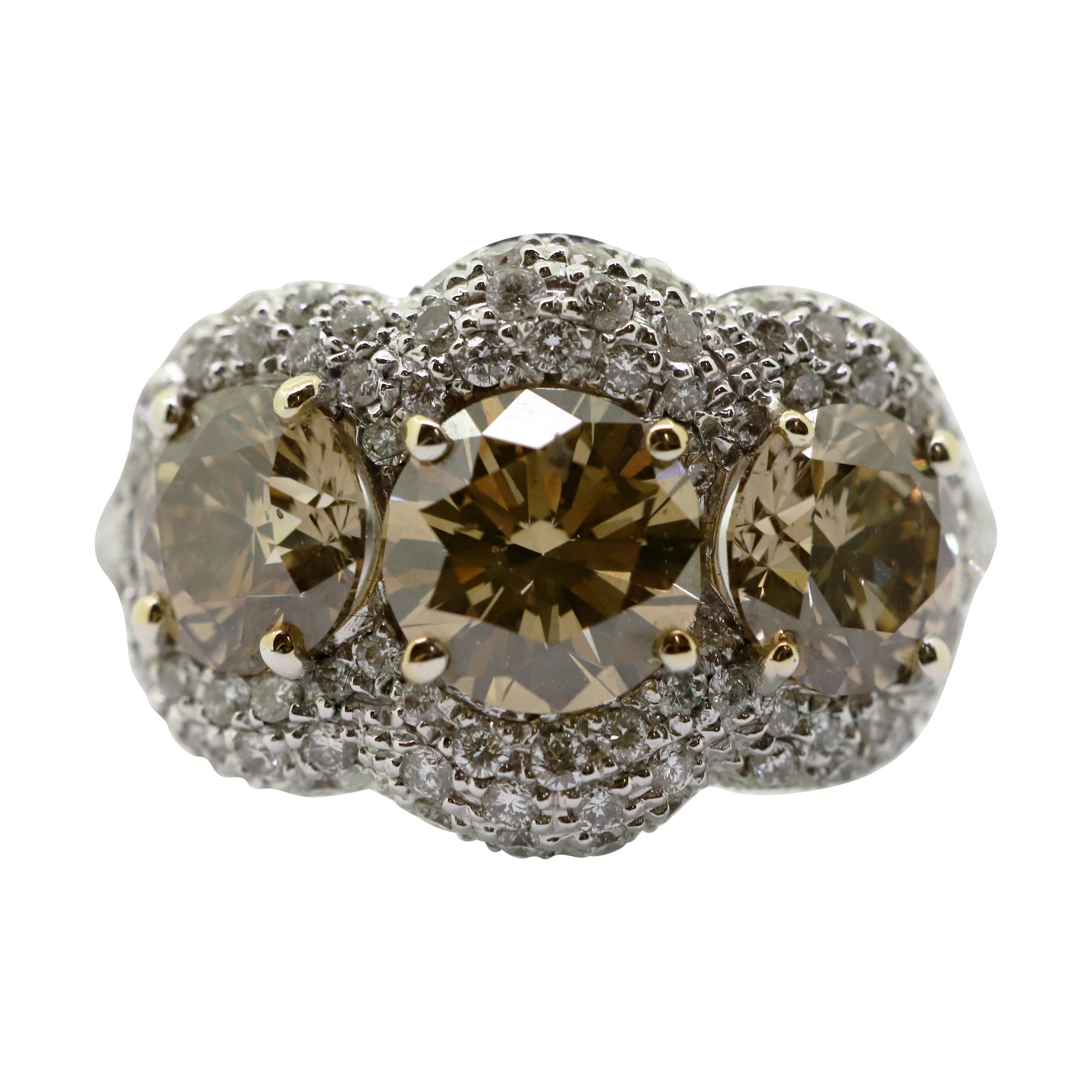 3.29 Carat Natural Brown Diamonds with White Diamond Pavè Three-Stone Ring For Sale