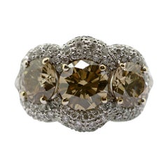 3.29 Carat Natural Brown Diamonds with White Diamond Pavè Three-Stone Ring