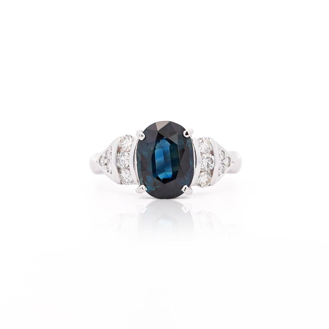 3.29 Carat Oval Blue Sapphire & Diamond in Platinum Engagement Ring For Sale 2