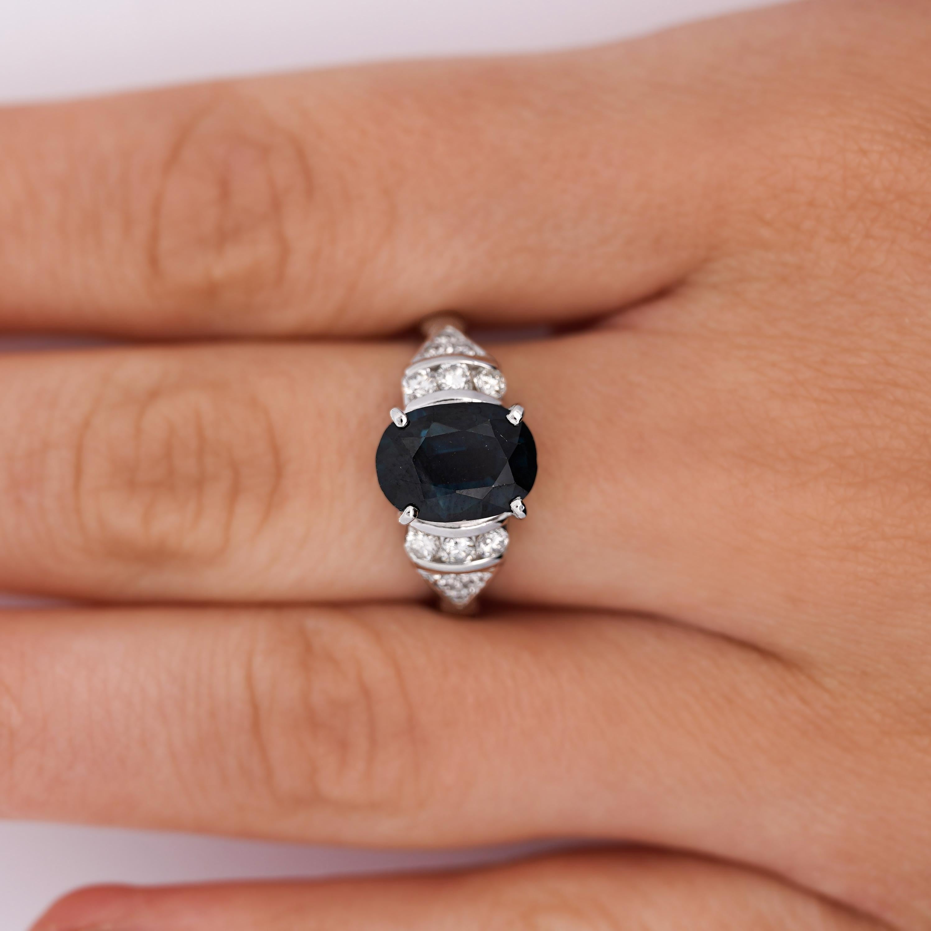 3.29 Carat Oval Blue Sapphire & Diamond in Platinum Engagement Ring For Sale 3