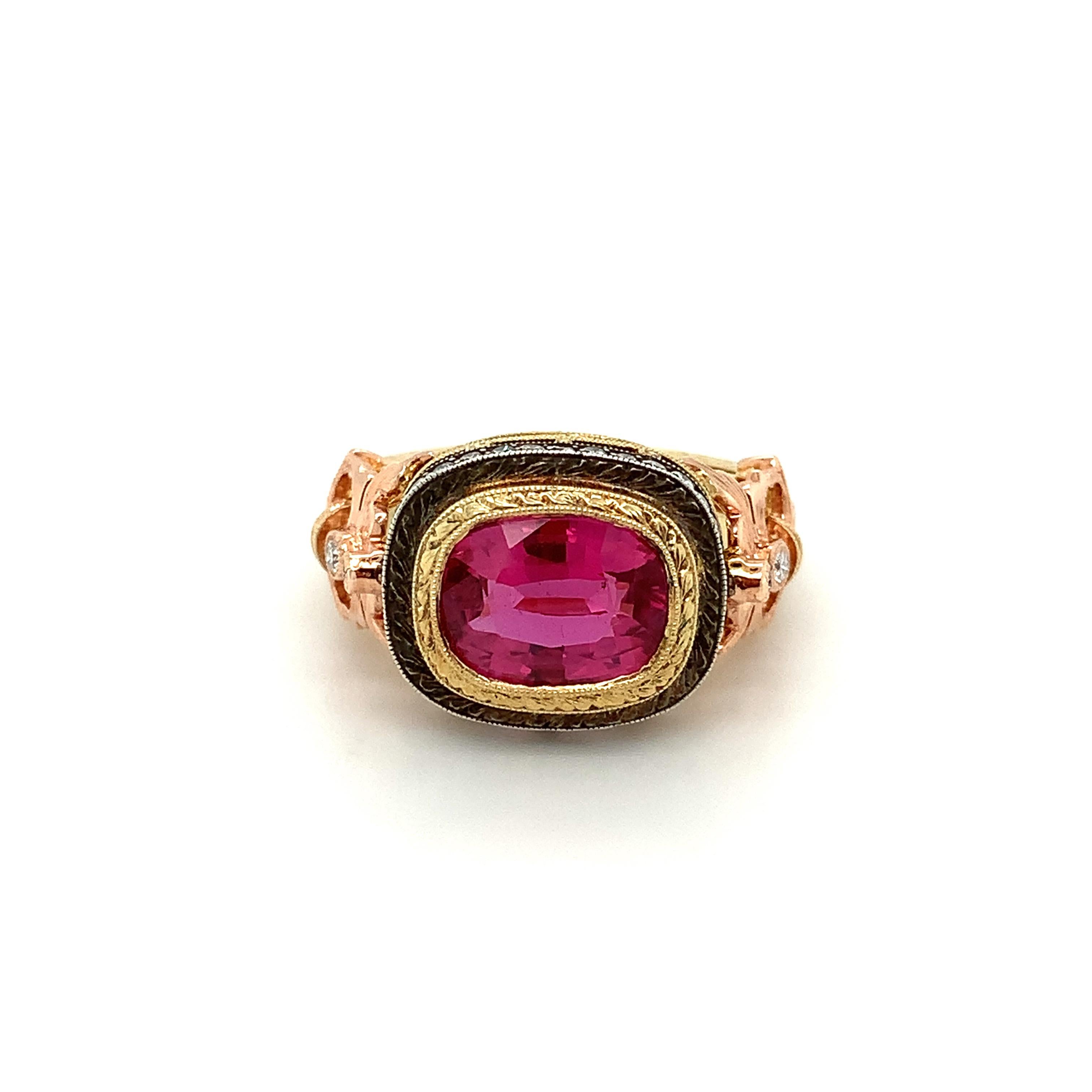 Artisan 3.29 Carat Pink Sapphire and Diamond Cocktail Ring in 18k Rose and Yellow Gold For Sale