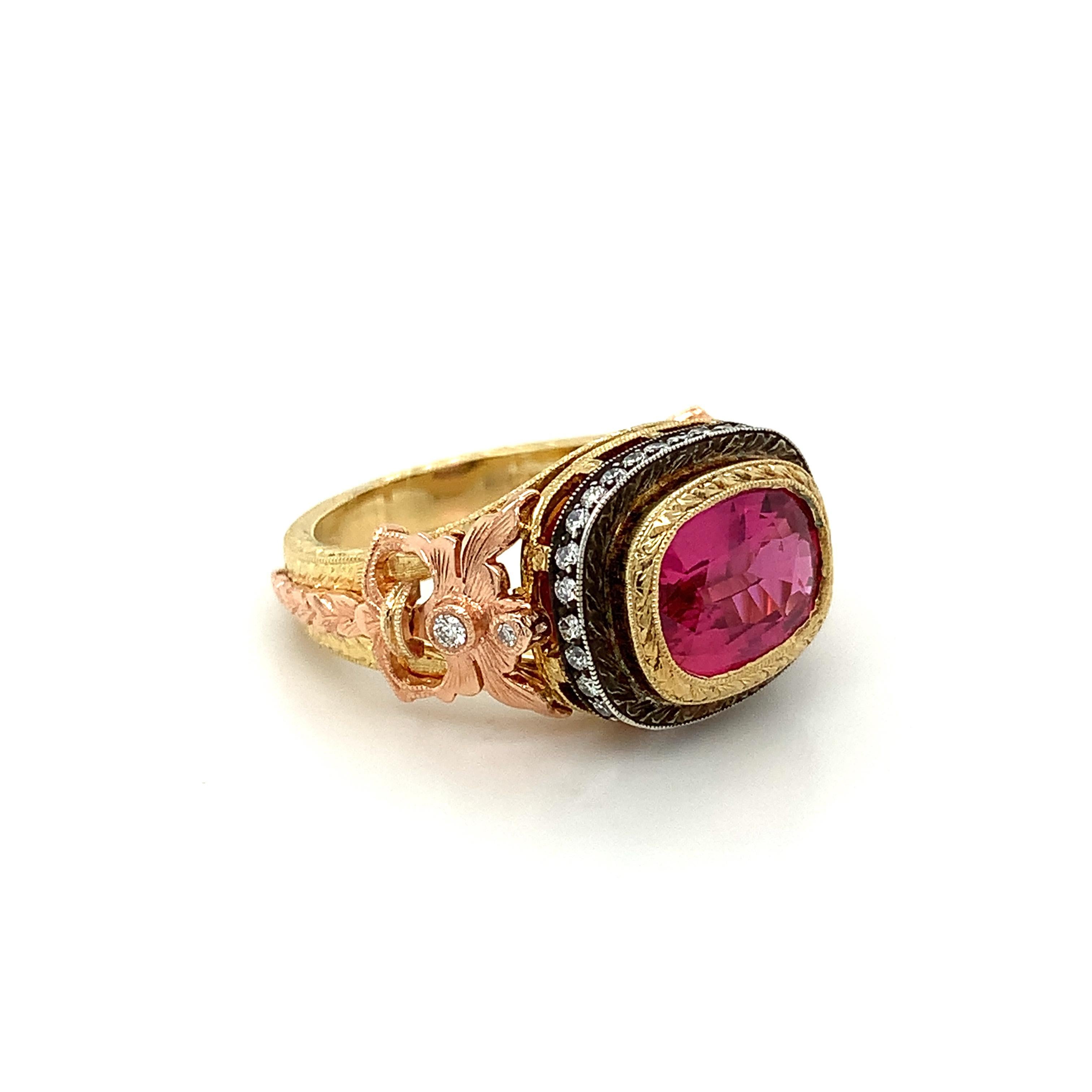 Women's 3.29 Carat Pink Sapphire and Diamond Cocktail Ring in 18k Rose and Yellow Gold For Sale