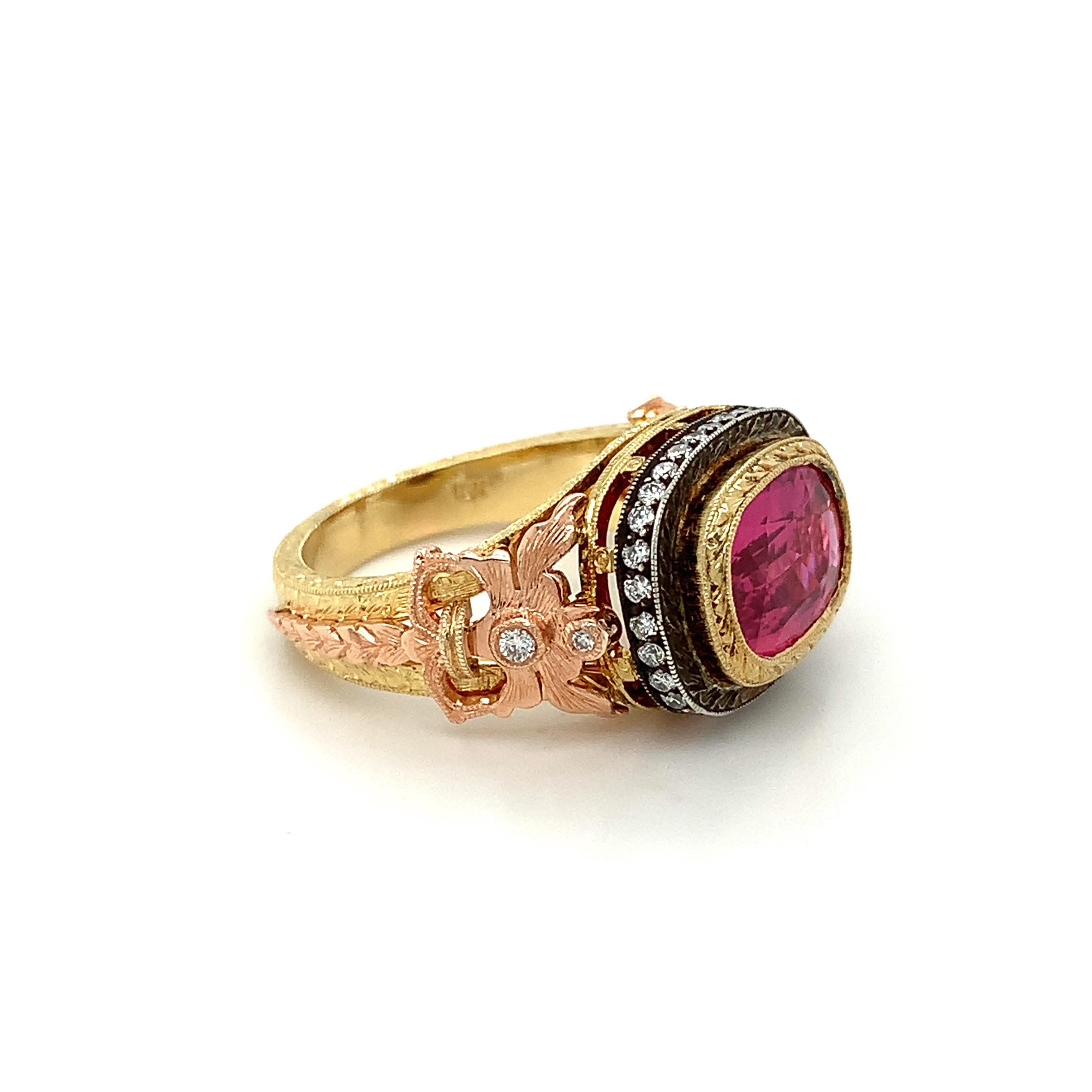 3.29 Carat Pink Sapphire and Diamond Cocktail Ring in 18k Rose and Yellow Gold For Sale 1