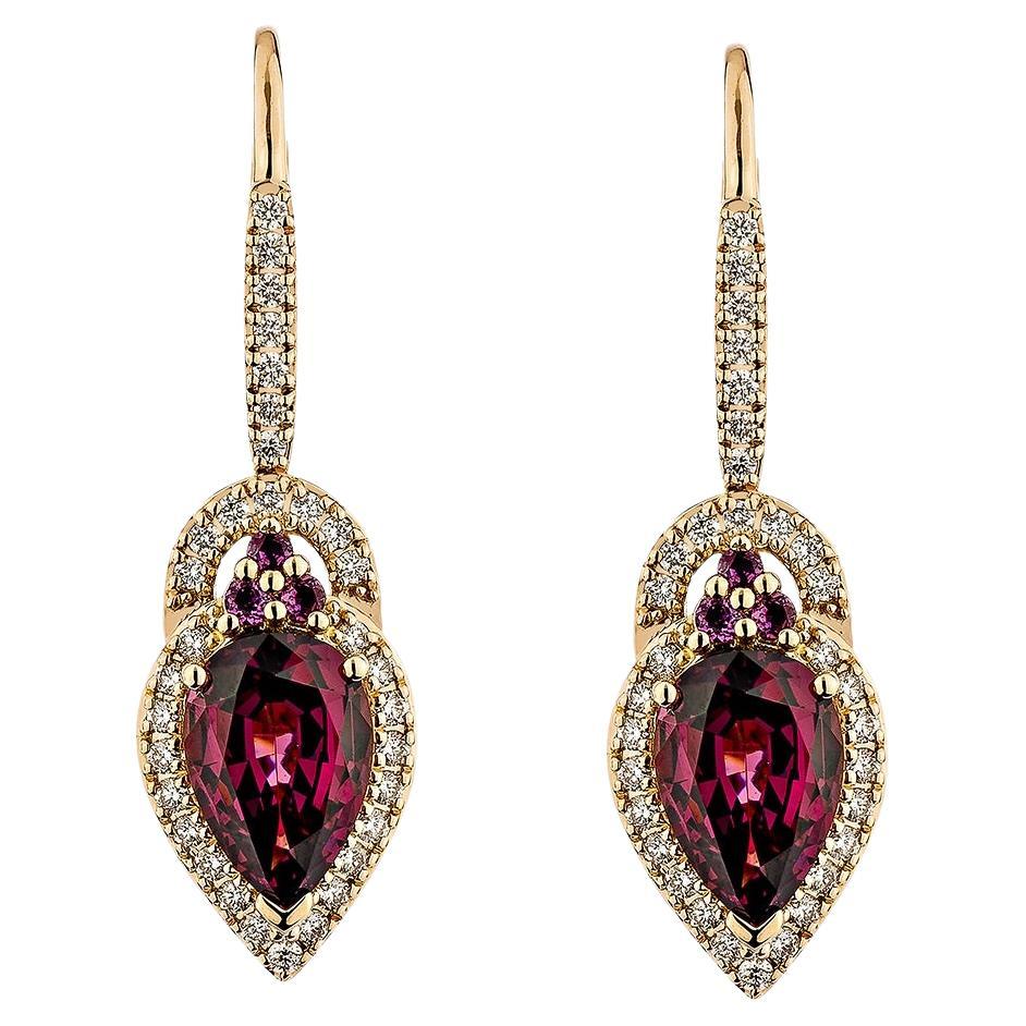 Sunita Nahata 3.29 Carat Rhodolite Drop Earring in 18KRG with White Diamond.