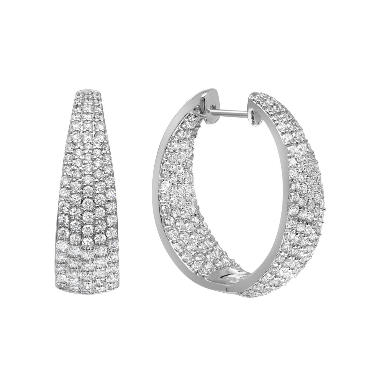 Women's 3.29 Carat Round Cut Diamond Hoop Earrings 18K White Gold For Sale