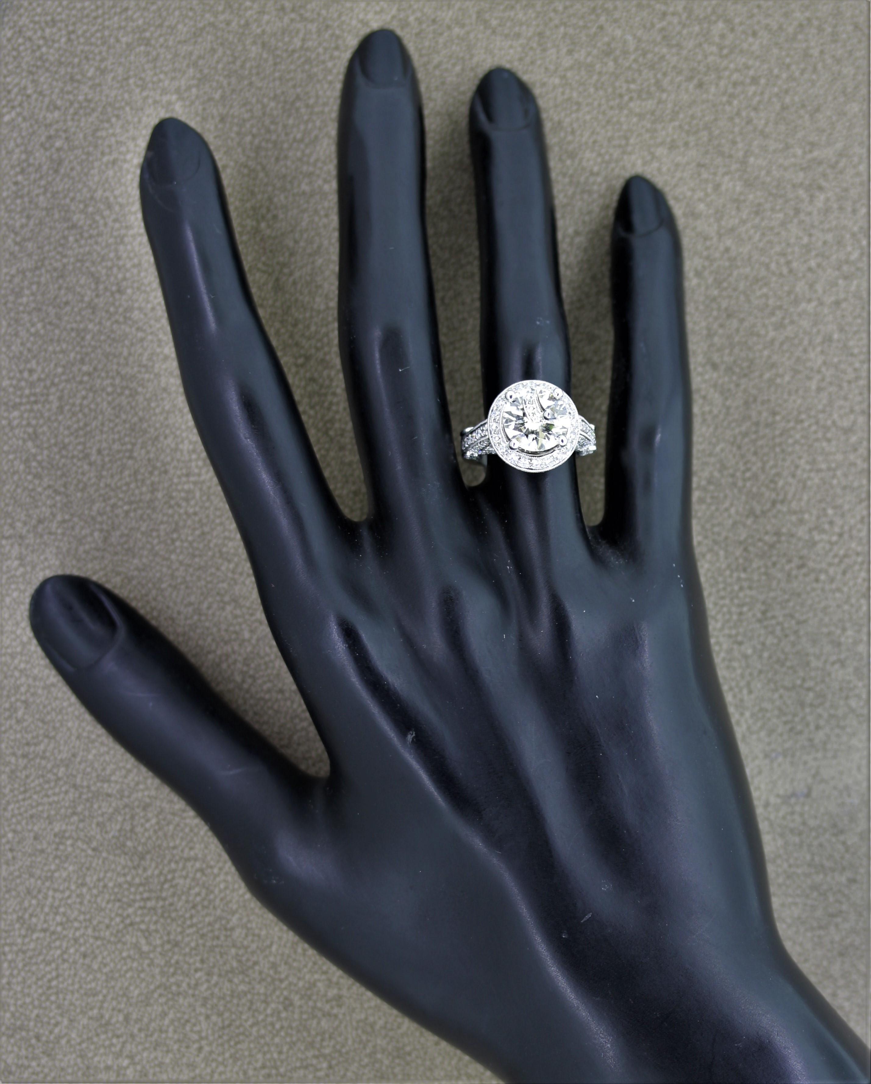 3.29 Carat Round Diamond Platinum Engagement Ring For Sale 2