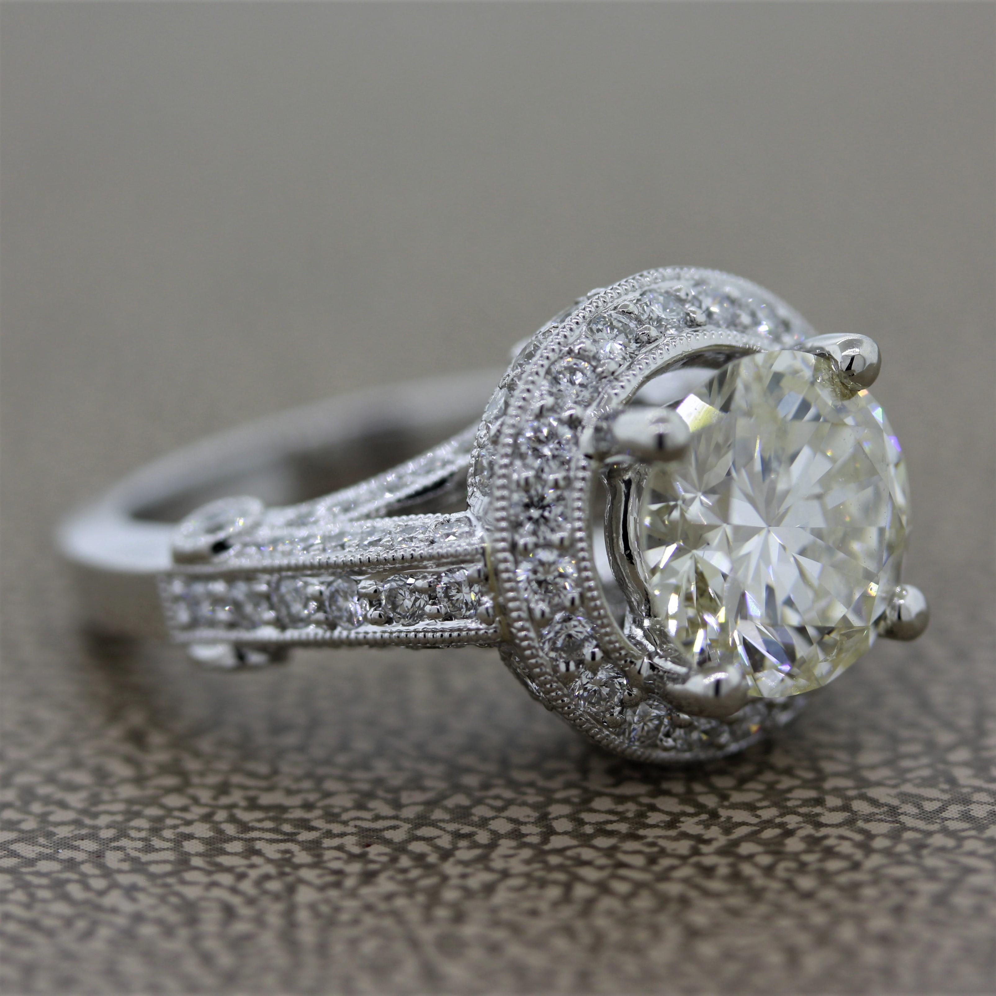 Round Cut 3.29 Carat Round Diamond Platinum Engagement Ring For Sale