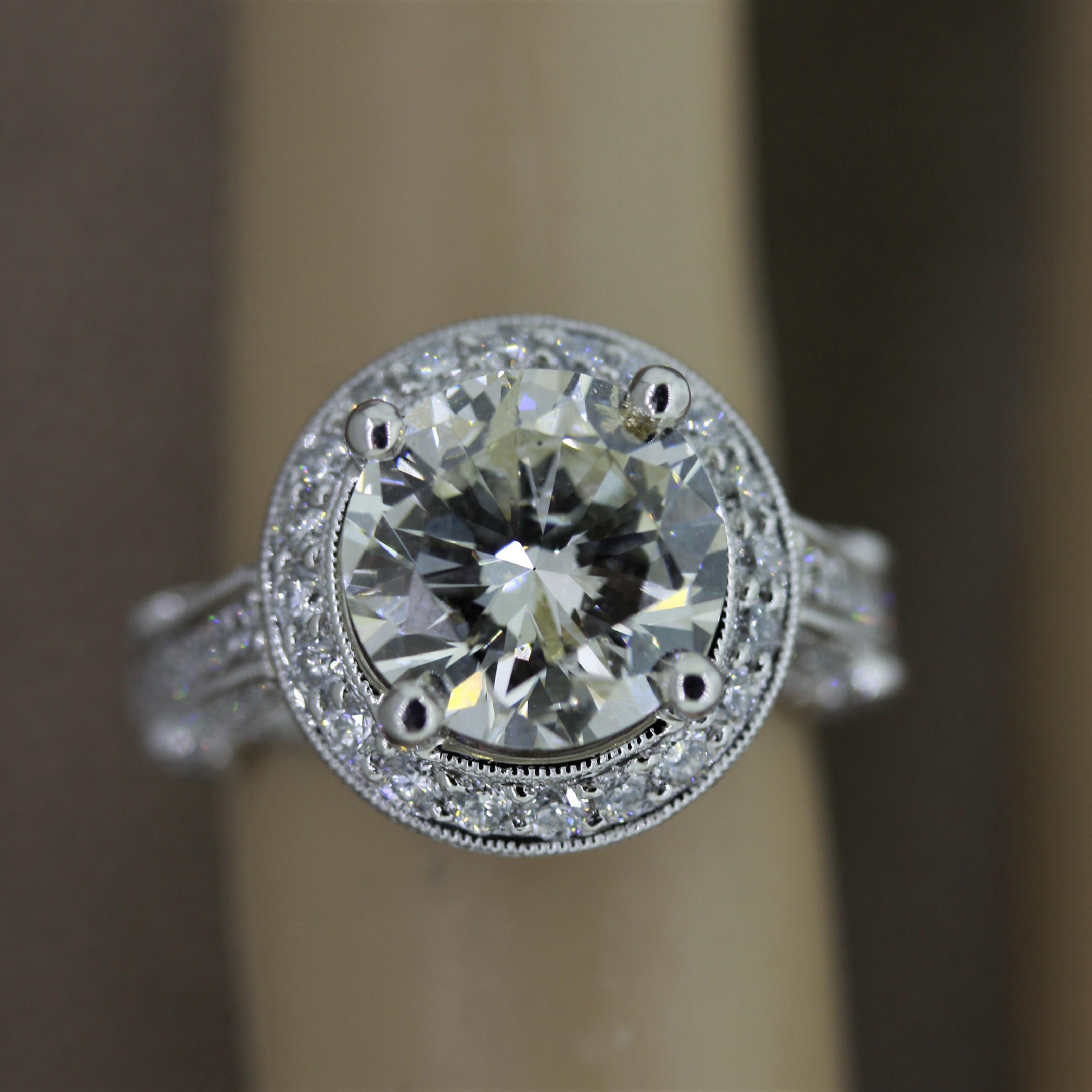 Women's 3.29 Carat Round Diamond Platinum Engagement Ring For Sale