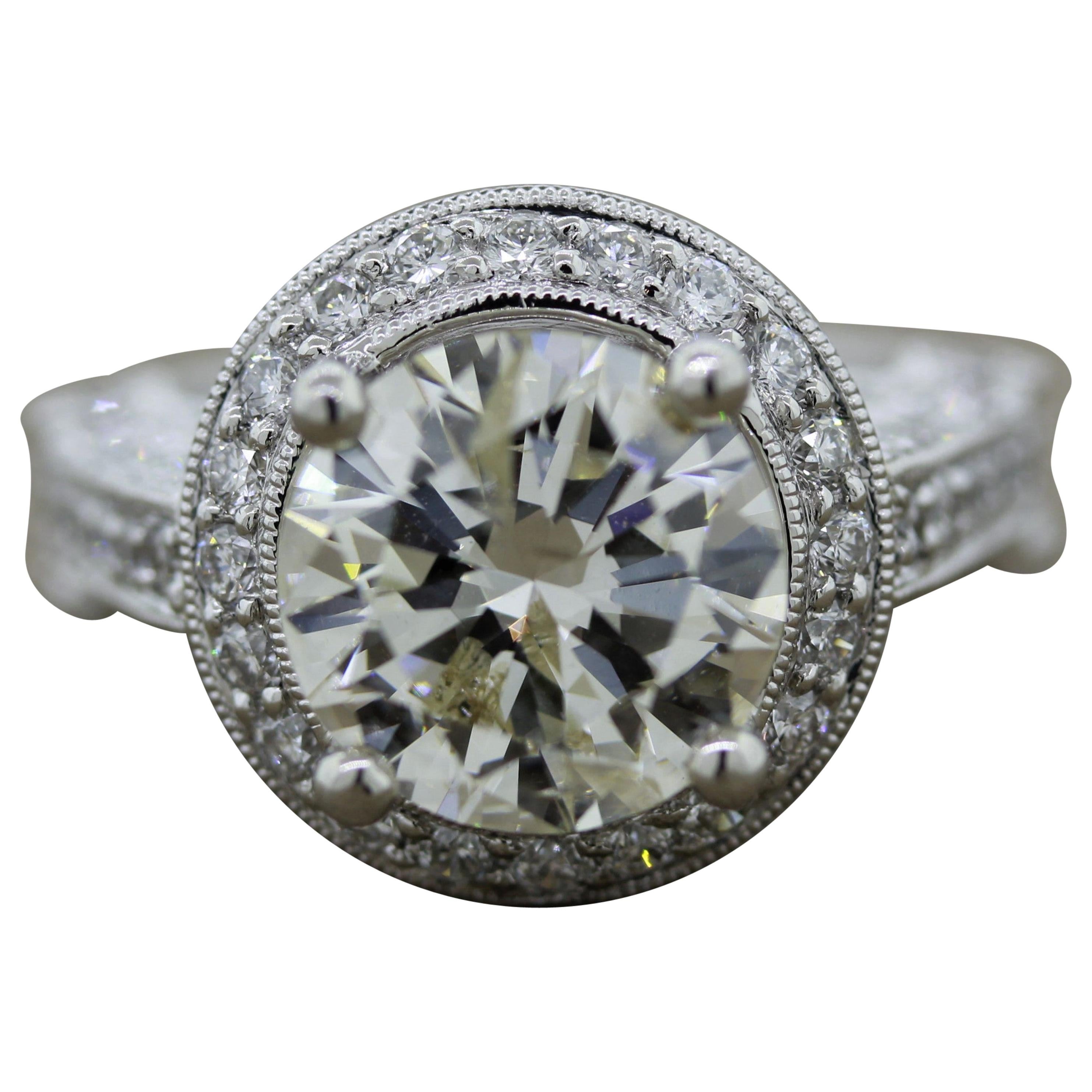3.29 Carat Round Diamond Platinum Engagement Ring For Sale