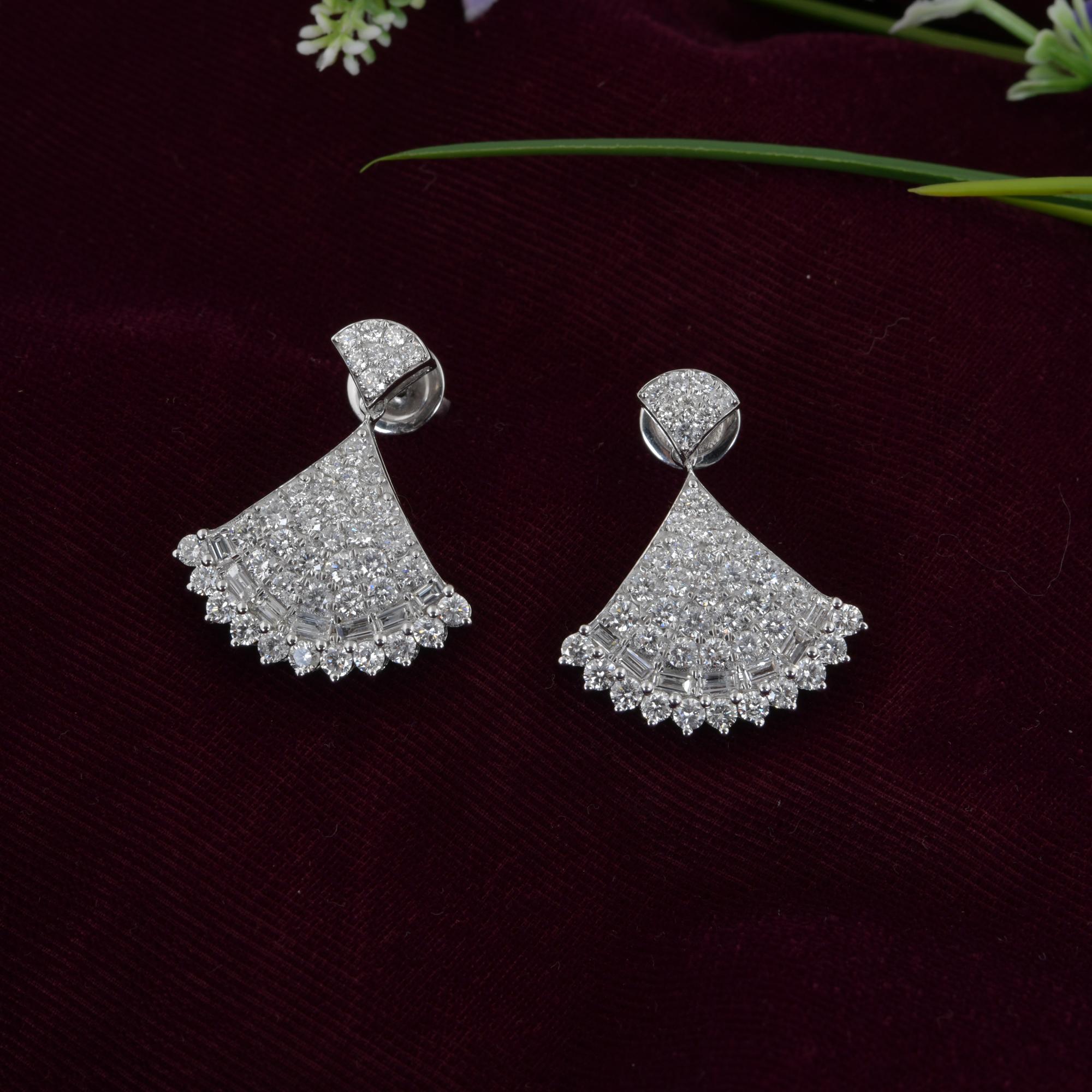 Baguette Cut 3.29 Carat SI Clarity HI Color Diamond Dangle Fine Earrings 14 Karat White Gold For Sale