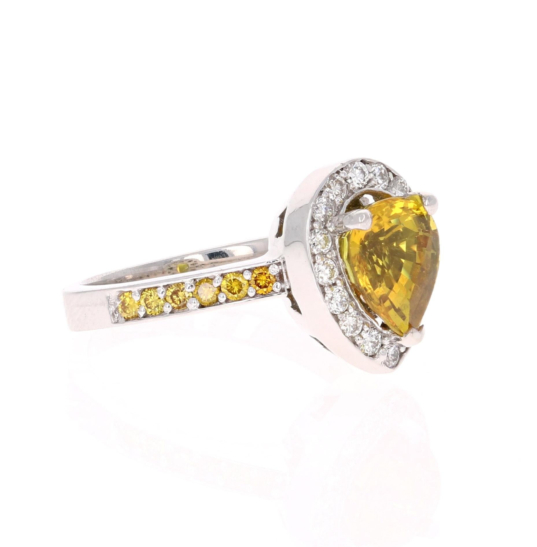Modern 3.29 Carat Yellow Sapphire Diamond White Gold Engagement Ring For Sale