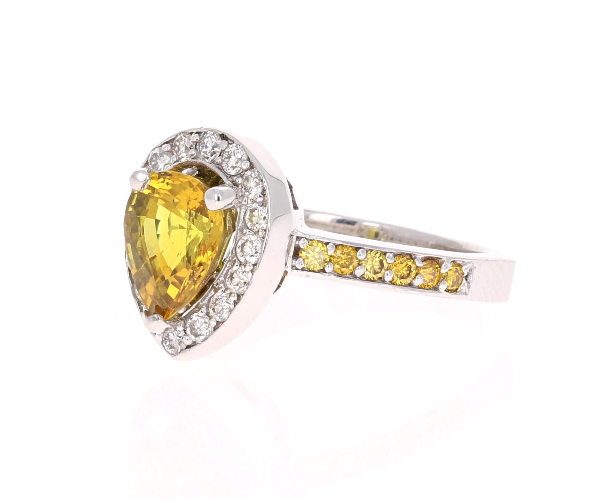Pear Cut 3.29 Carat Yellow Sapphire Diamond White Gold Engagement Ring For Sale