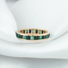 3.29 Carat Zambian Emerald Blue Sapphire Gemstone Band Ring 14 Karat Yellow Gold
