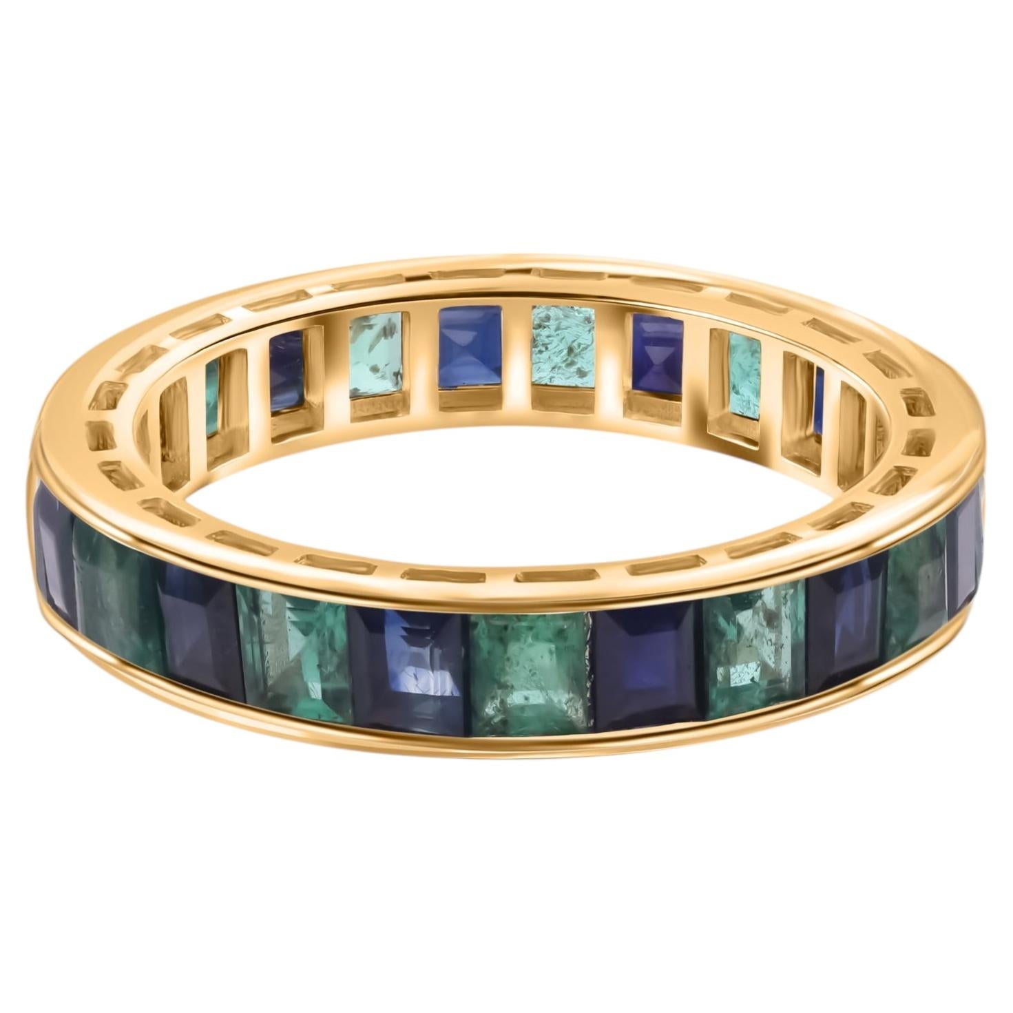 3.29 Carat Zambian Emerald Blue Sapphire Gemstone Band Ring 14 Karat Yellow Gold