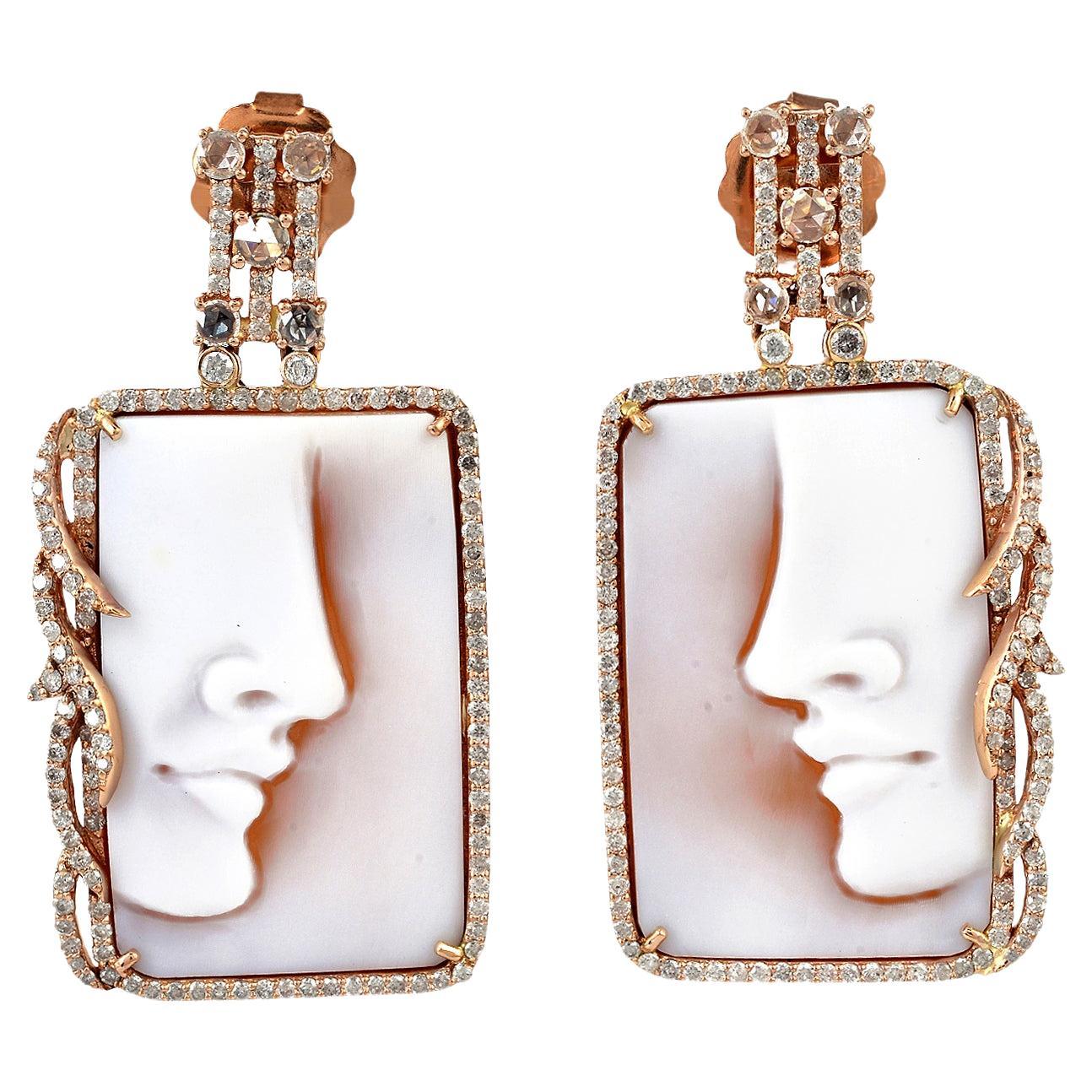 32.90 ct Carved Shell Cameo Dangle Earrings With Diamonds Made In 18k Gold For Sale