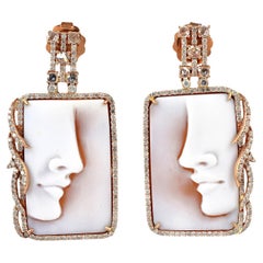 32.90 ct Carved Shell Cameo Dangle Earrings With Diamonds Made In 18k Gold