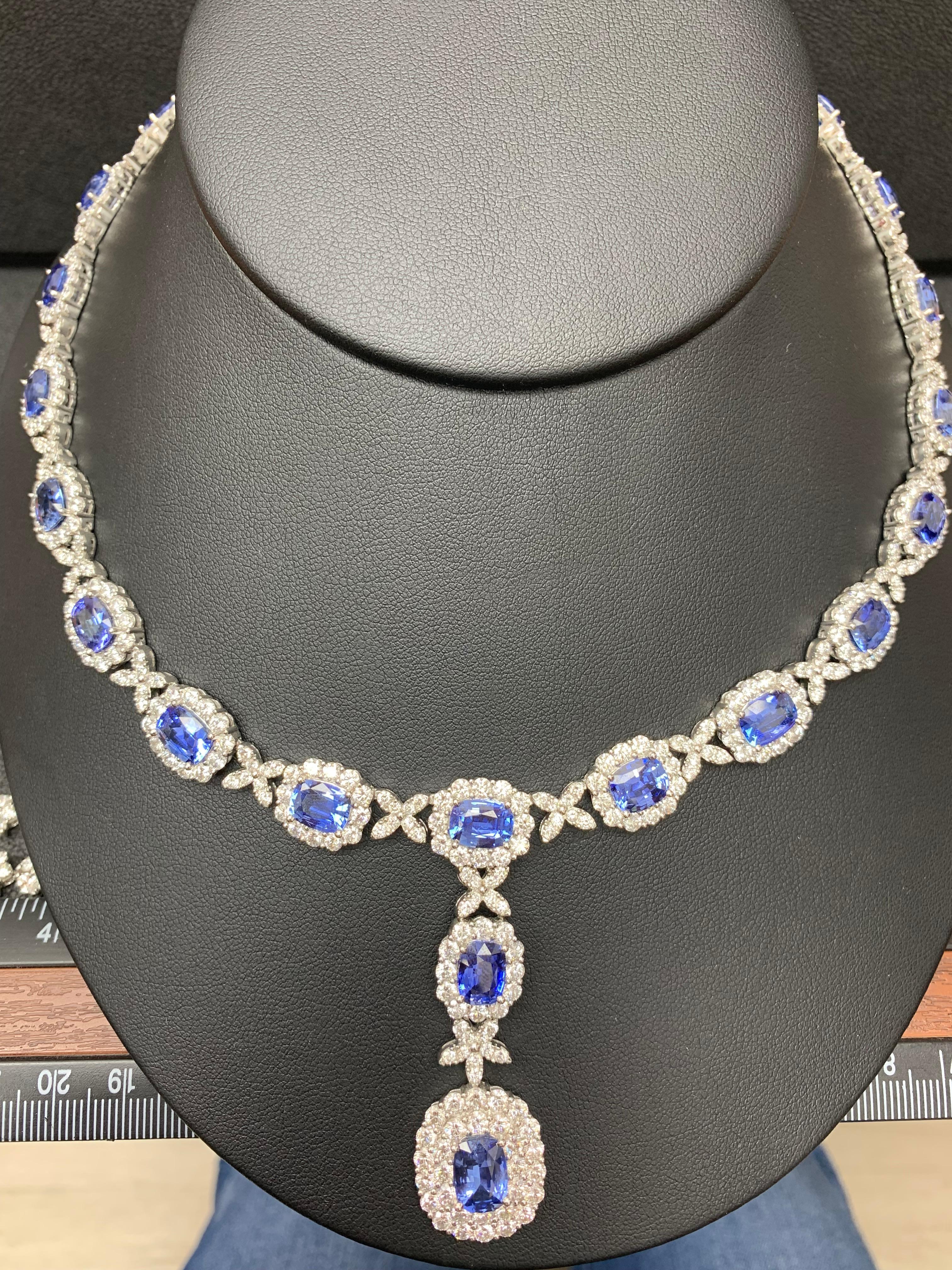 32.91 Carat Oval Cut Sapphire and Diamond Drop Necklace in 18K White Gold For Sale 11