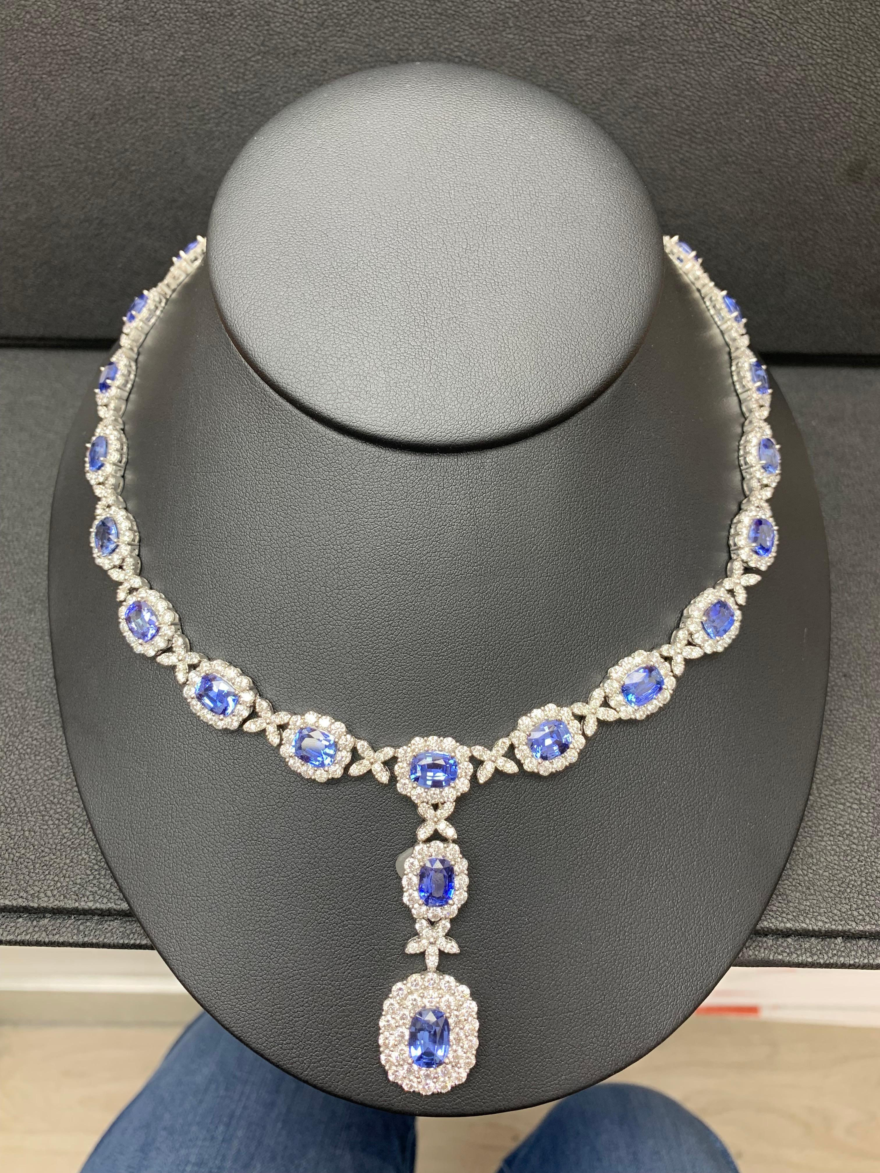32.91 Carat Oval Cut Sapphire and Diamond Drop Necklace in 18K White Gold For Sale 12