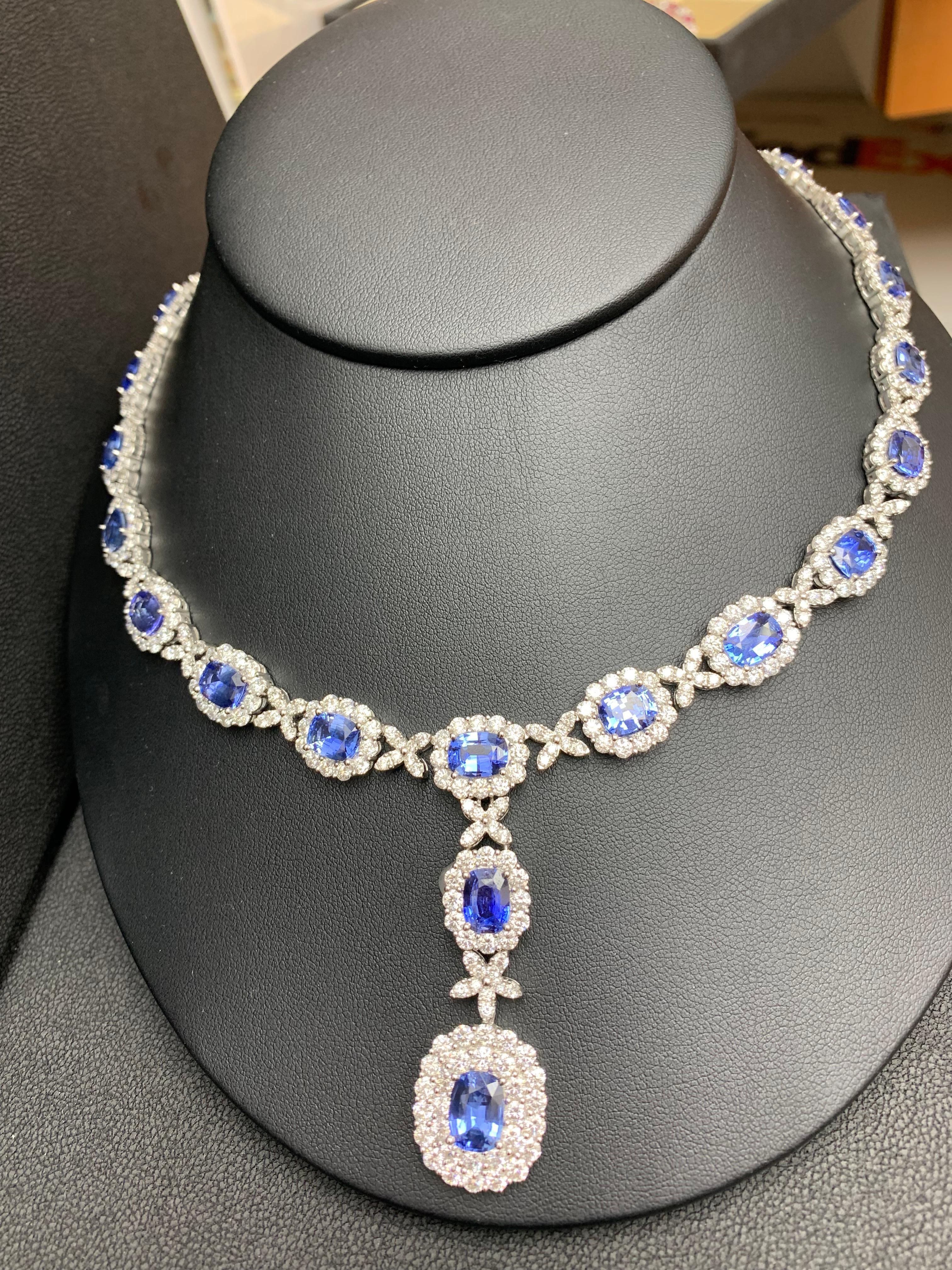 32.91 Carat Oval Cut Sapphire and Diamond Drop Necklace in 18K White Gold For Sale 13