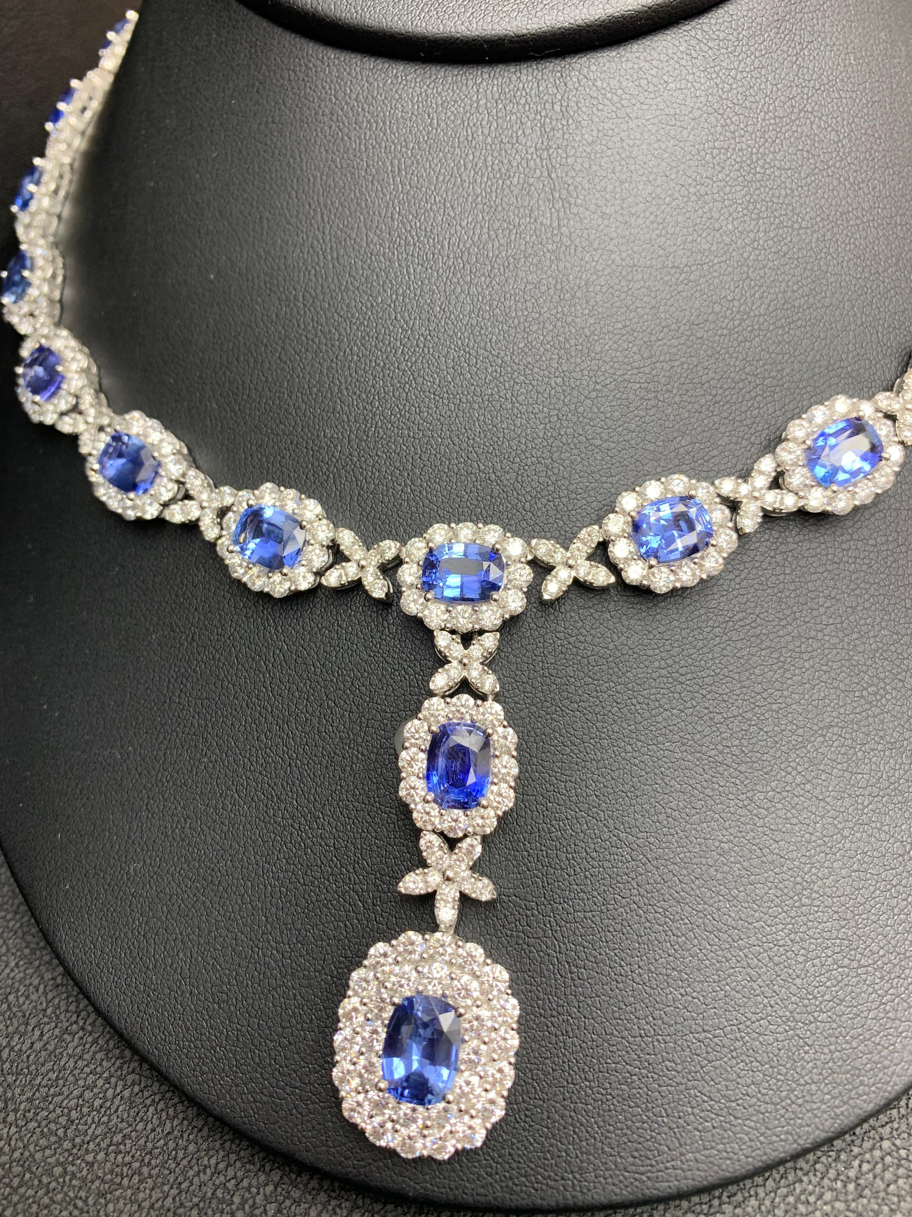 32.91 Carat Oval Cut Sapphire and Diamond Drop Necklace in 18K White Gold For Sale 14