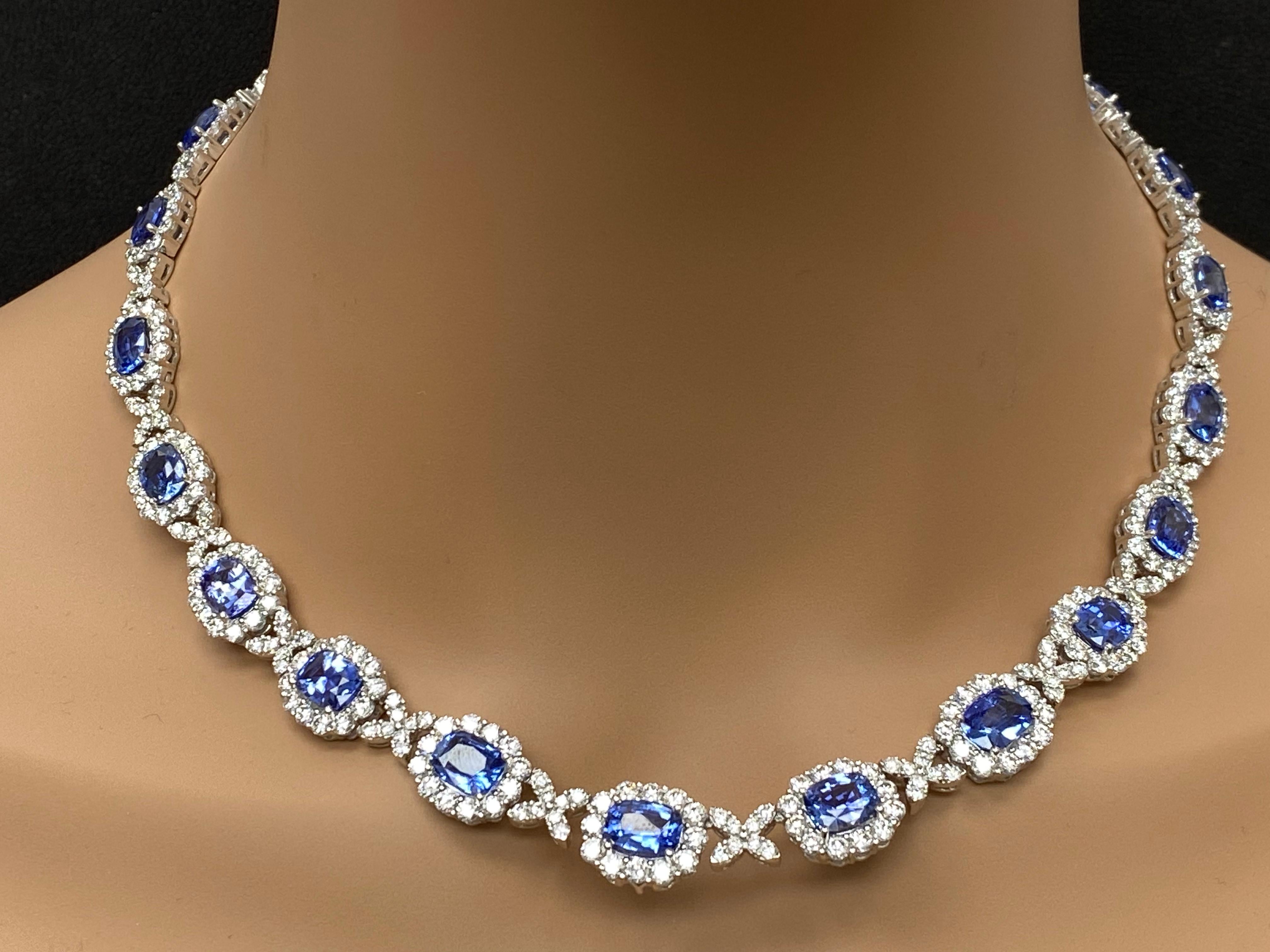29.56 Carat Oval Cut Sapphire and Diamond Drop Necklace in 18K White Gold For Sale 2