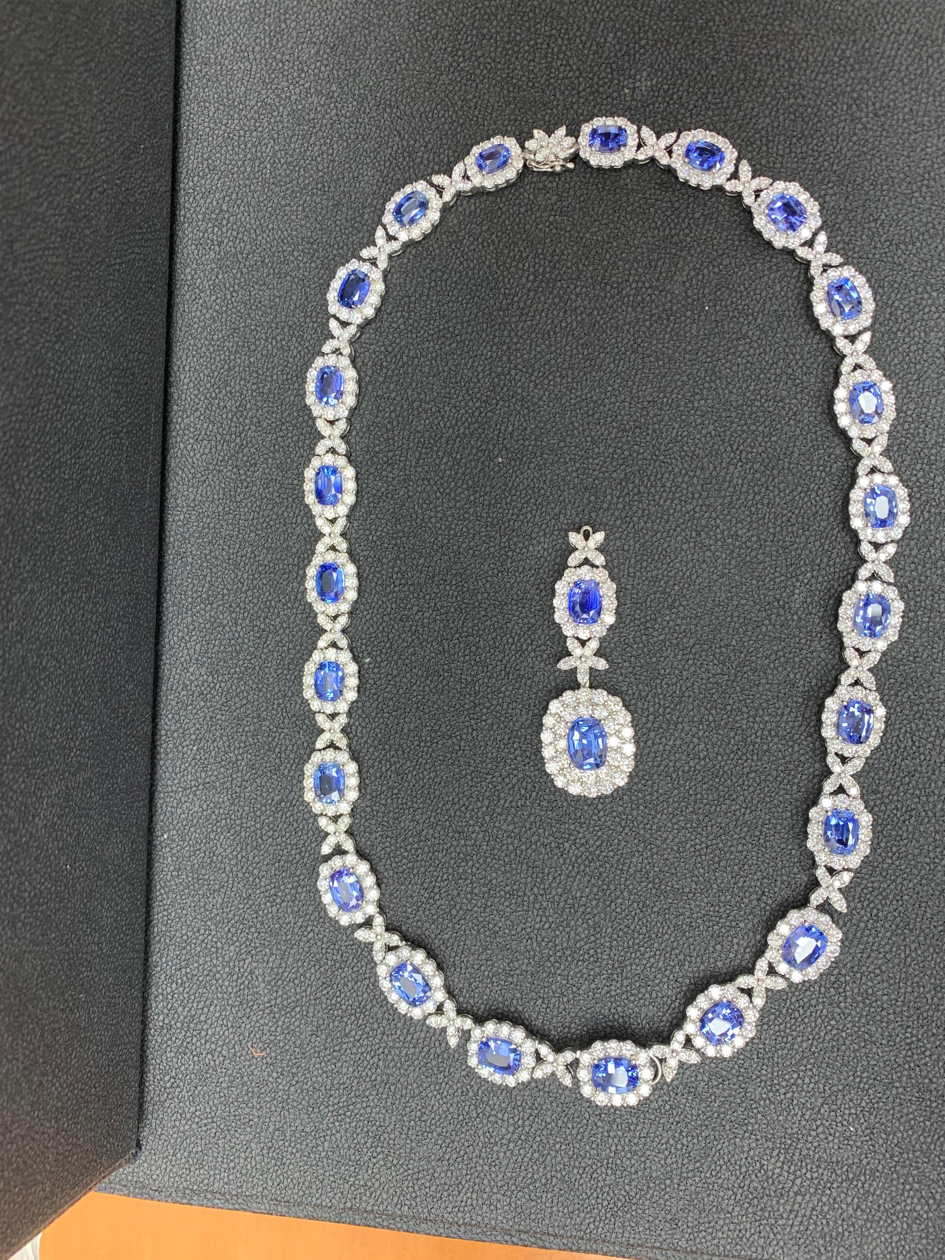 32.91 Carat Oval Cut Sapphire and Diamond Drop Necklace in 18K White Gold For Sale 4