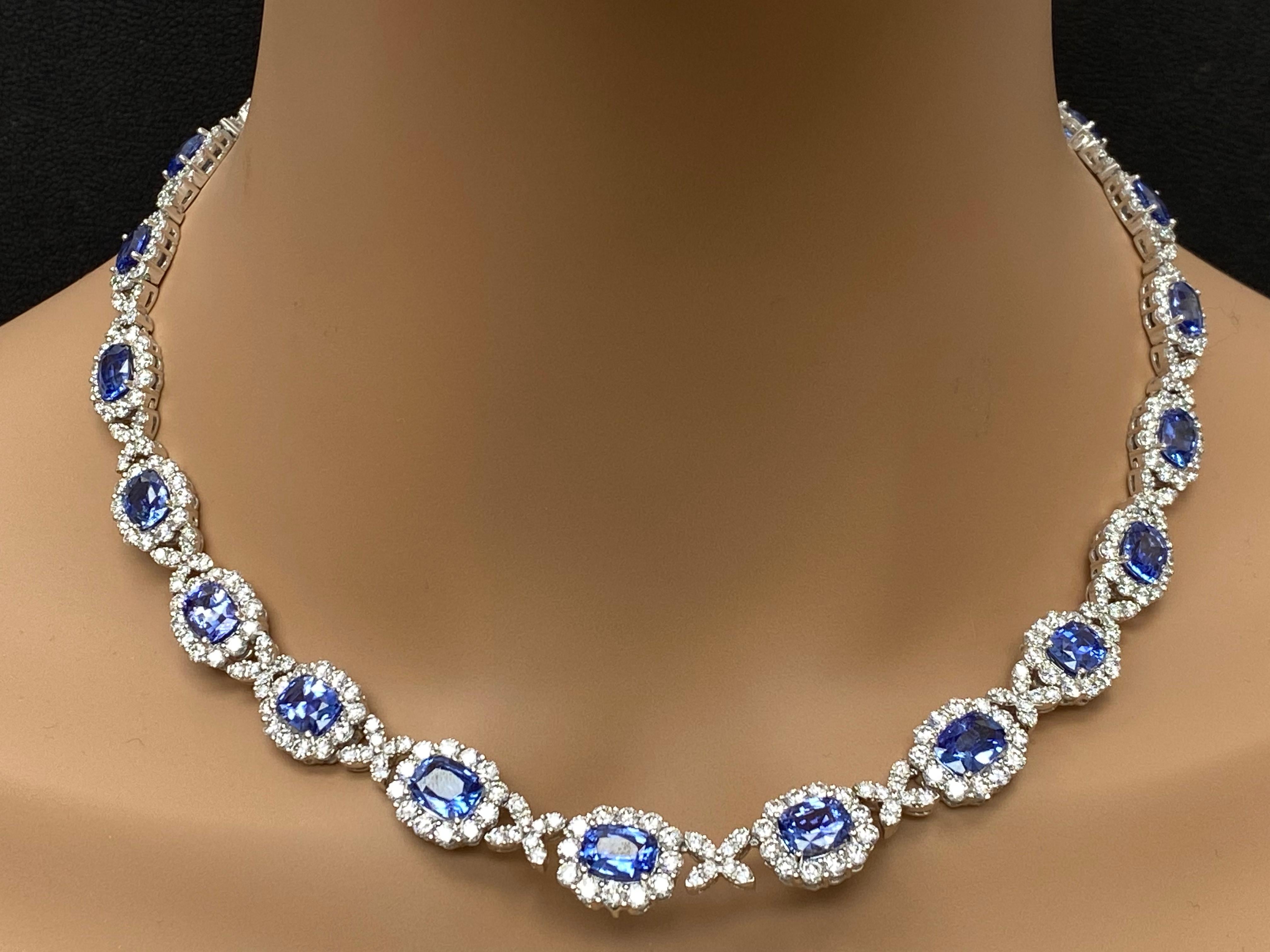 29.56 Carat Oval Cut Sapphire and Diamond Drop Necklace in 18K White Gold For Sale 3