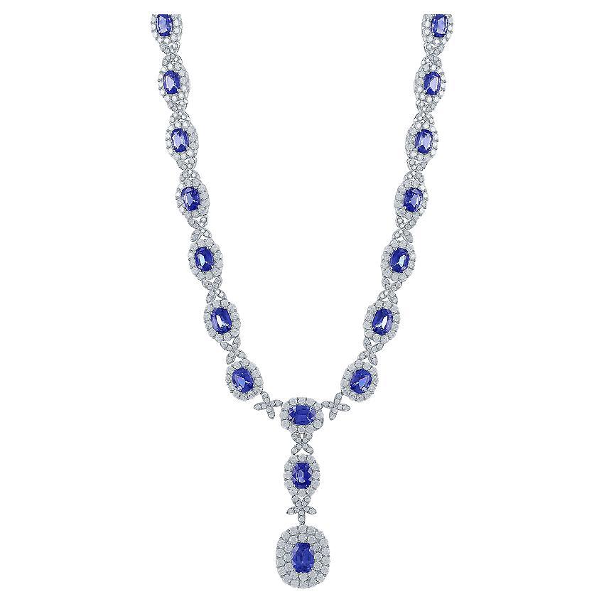 32.91 Carat Oval Cut Sapphire and Diamond Drop Necklace in 18K White Gold