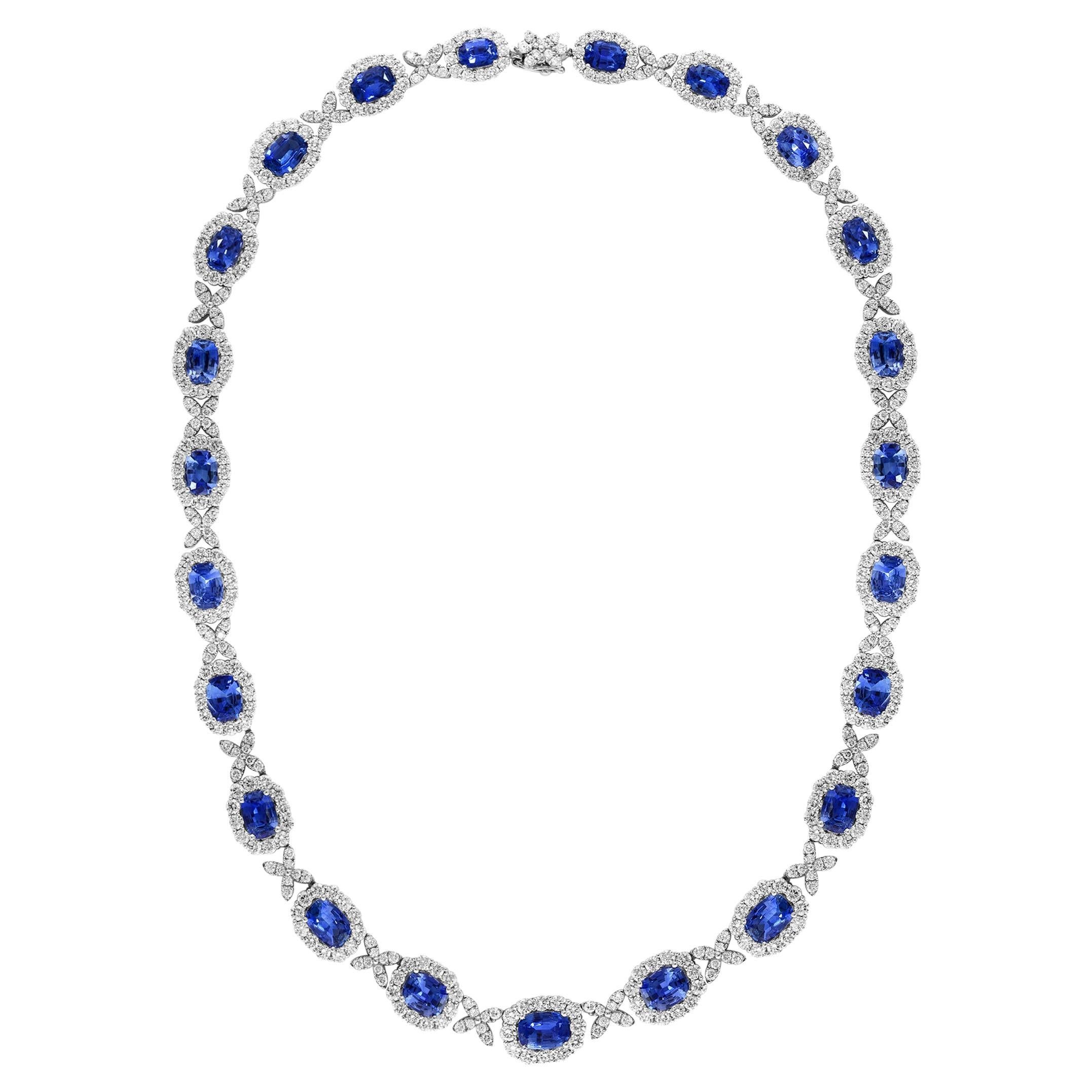 29.56 Carat Oval Cut Sapphire and Diamond Drop Necklace in 18K White Gold For Sale