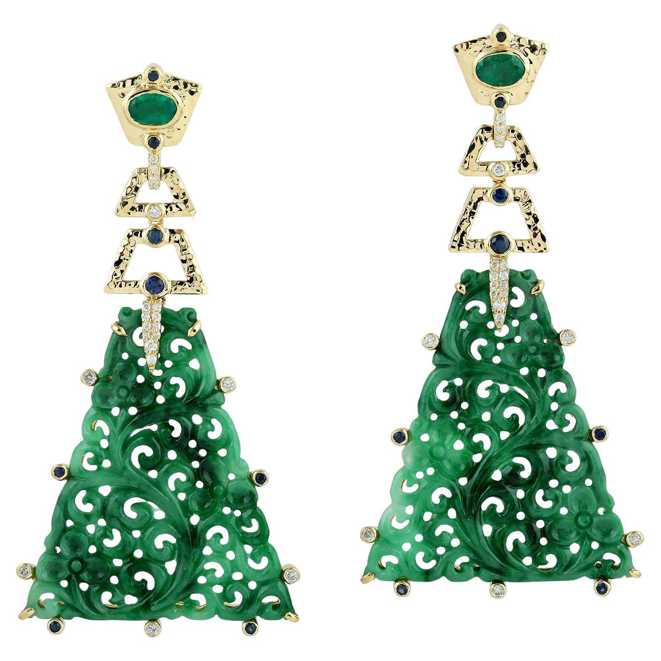 32.92ct Carved Jade Dangle Earrings With Emerald & Blue Sapphire In 18k Gold