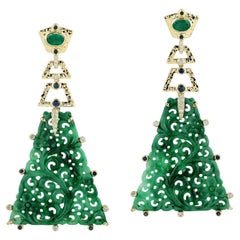32.92ct Carved Jade Dangle Earrings With Emerald & Blue Sapphire In 18k Gold