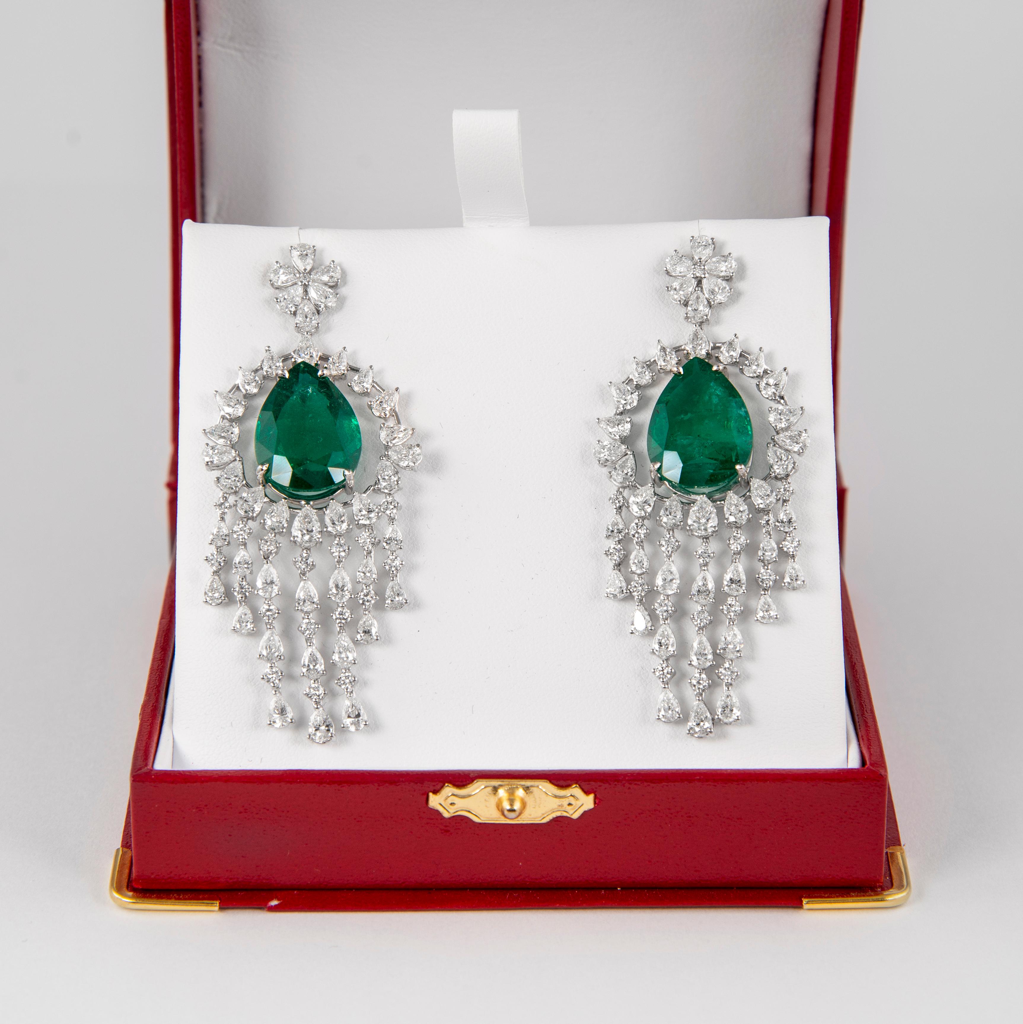 Contemporary Alexander 32.92ct Emerald & Diamond Chandelier Earrings 18-Karat White Gold For Sale