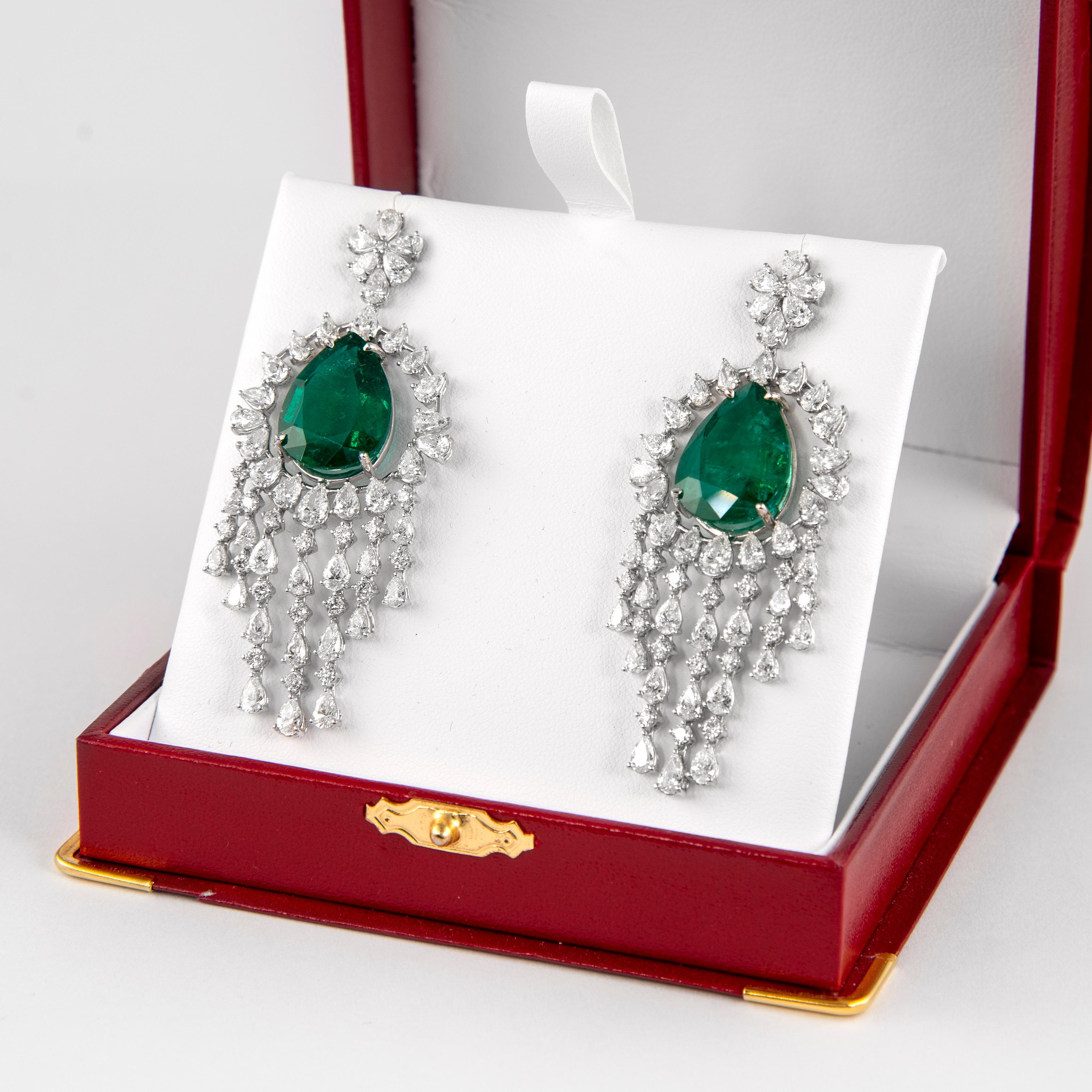 Pear Cut Alexander 32.92ct Emerald & Diamond Chandelier Earrings 18-Karat White Gold For Sale