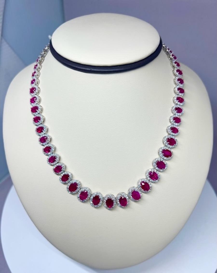 Oval Cut 32.95ct Natural Ruby & Diamond Necklace