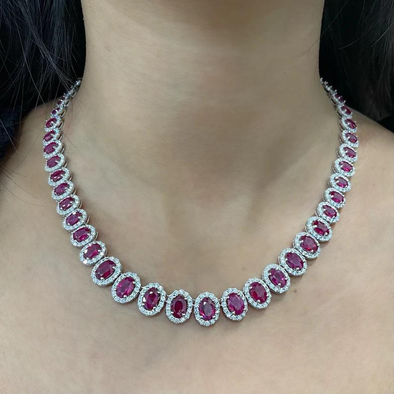 32.95ct Natural Ruby & Diamond Necklace In New Condition In Chicago, IL