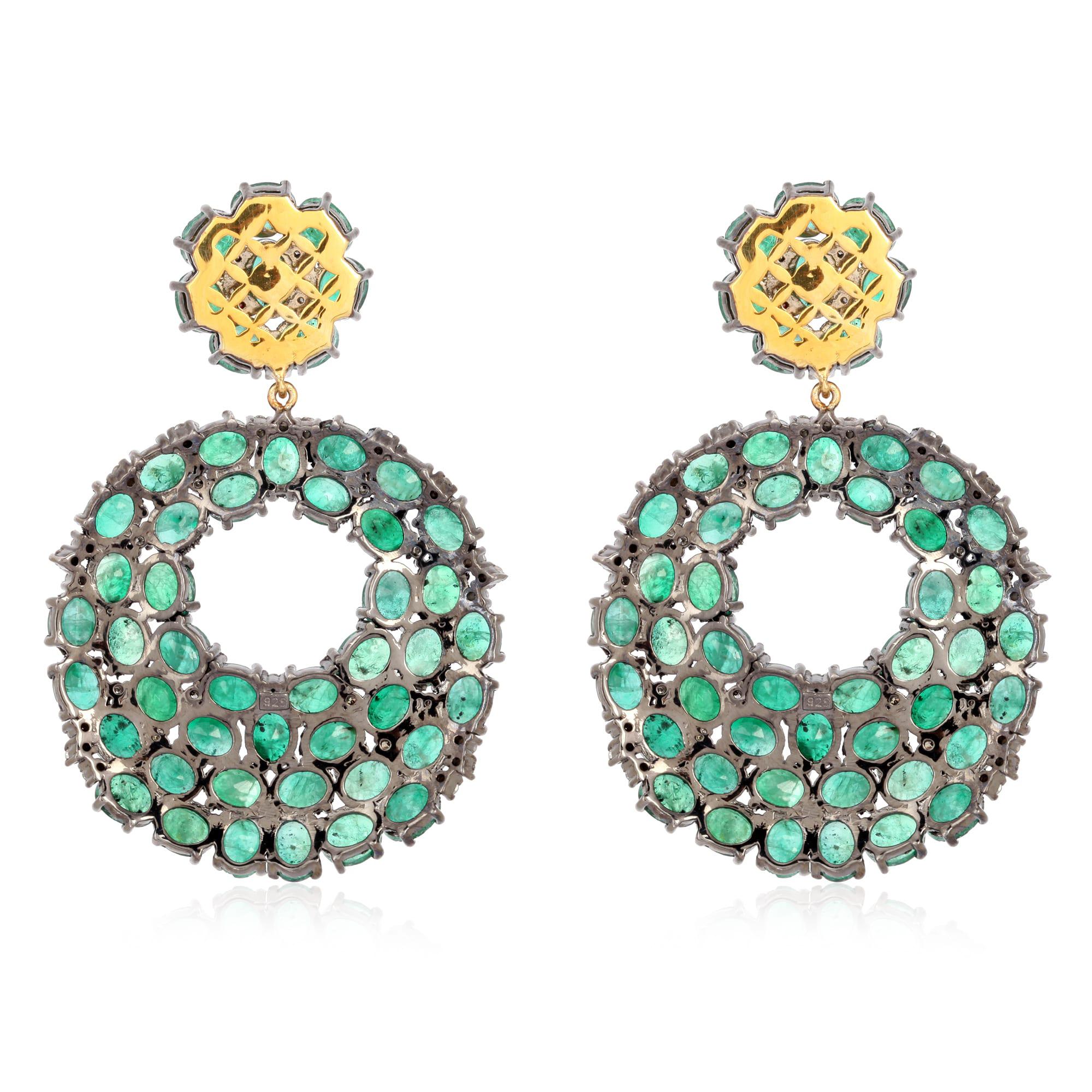 Artisan 32.96 Carat Emerald Diamond Earrings For Sale